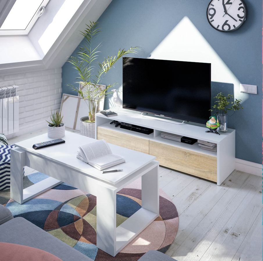 Meuble TV LOLA 2 portes battantes et 2 niches de rangement L130 cm - Blanc / Bois - 3
