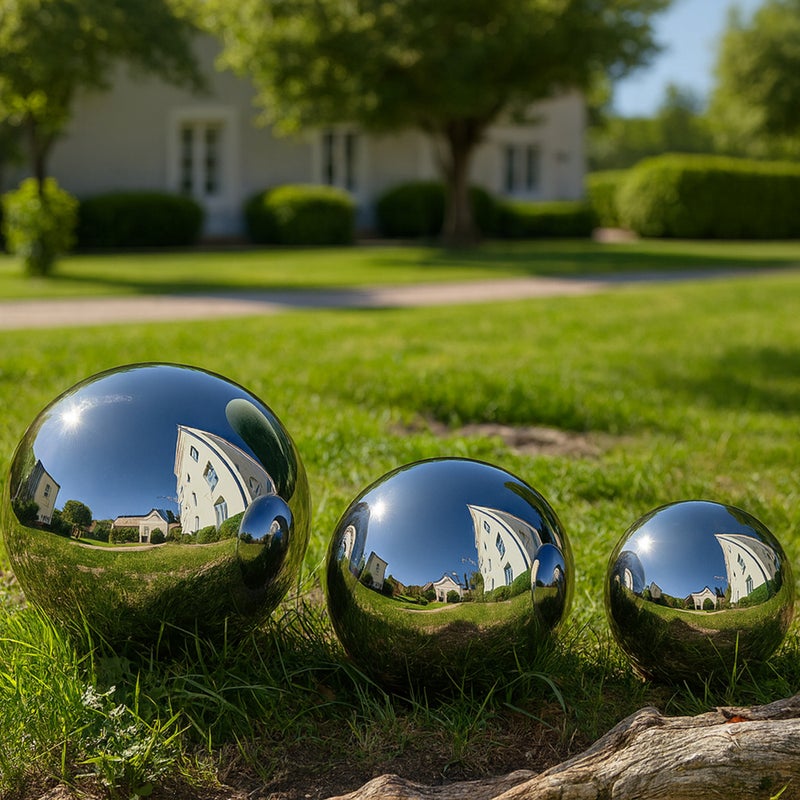 Köhko zestaw 3 polerowanych kul ogrodowych wykonanych z wysokiej jakości stali nierdzewnej 15, 20 i 25 cm kule dekoracyjne