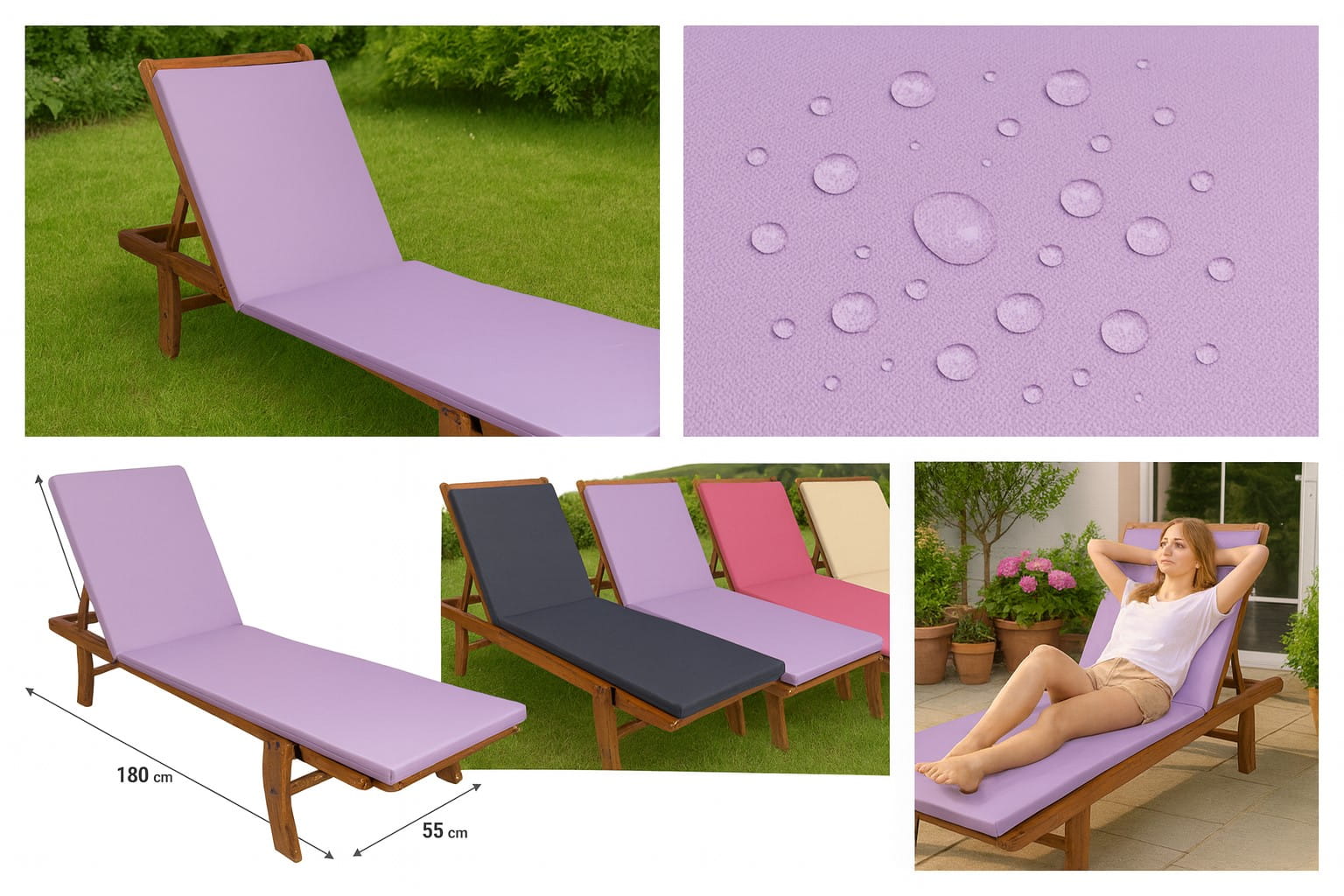 Cojín para tumbona 190x60x4cm, cojín para jardín tumbona, tumbona de madera lila, cojín para tumbona de piscina - 5