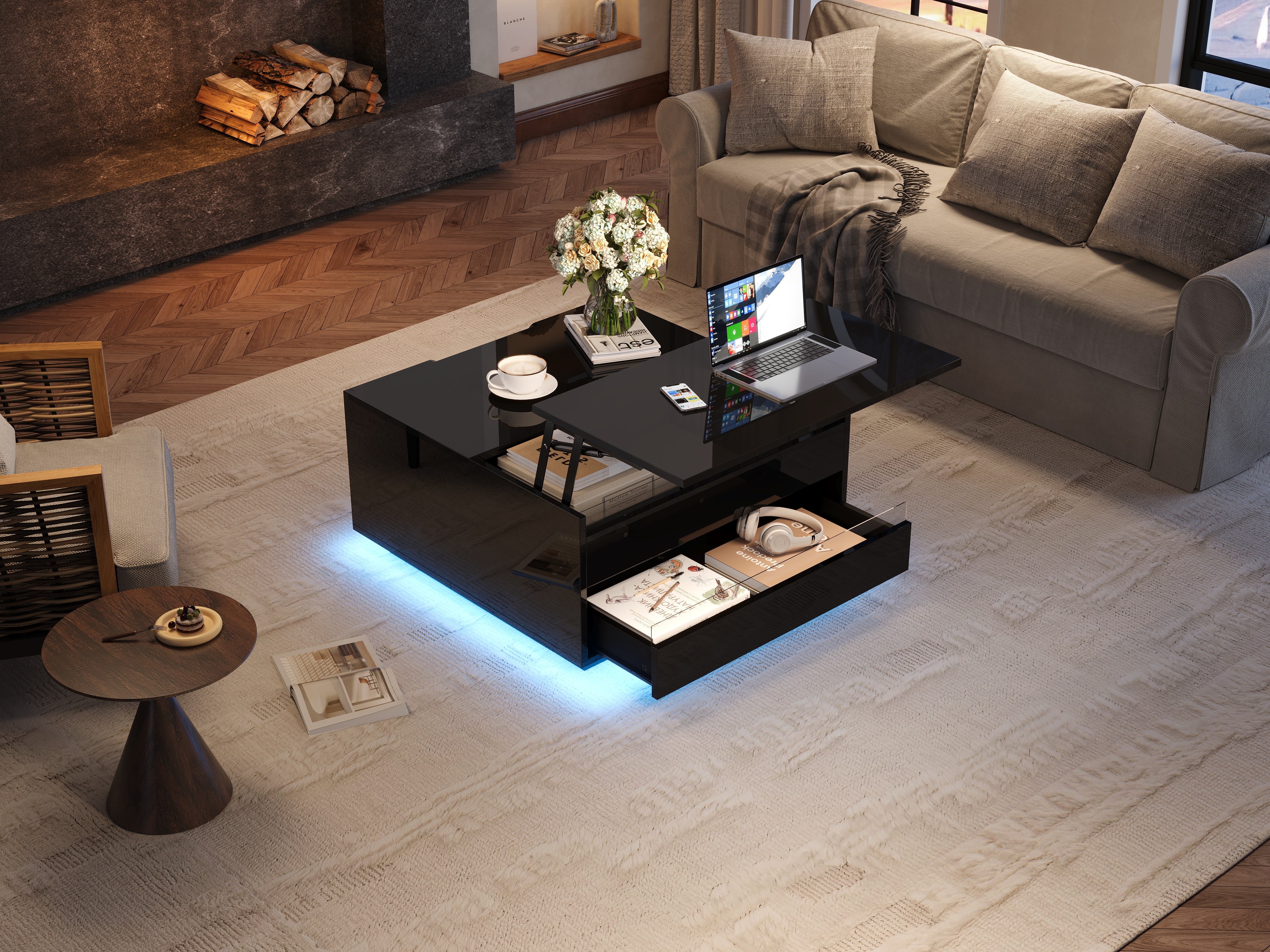 Table basse carrée avec plateau relevable et 1 tiroir - 70 x 70 x 38 cm - LEDs - Panneau de particules - Noir brillant - 4