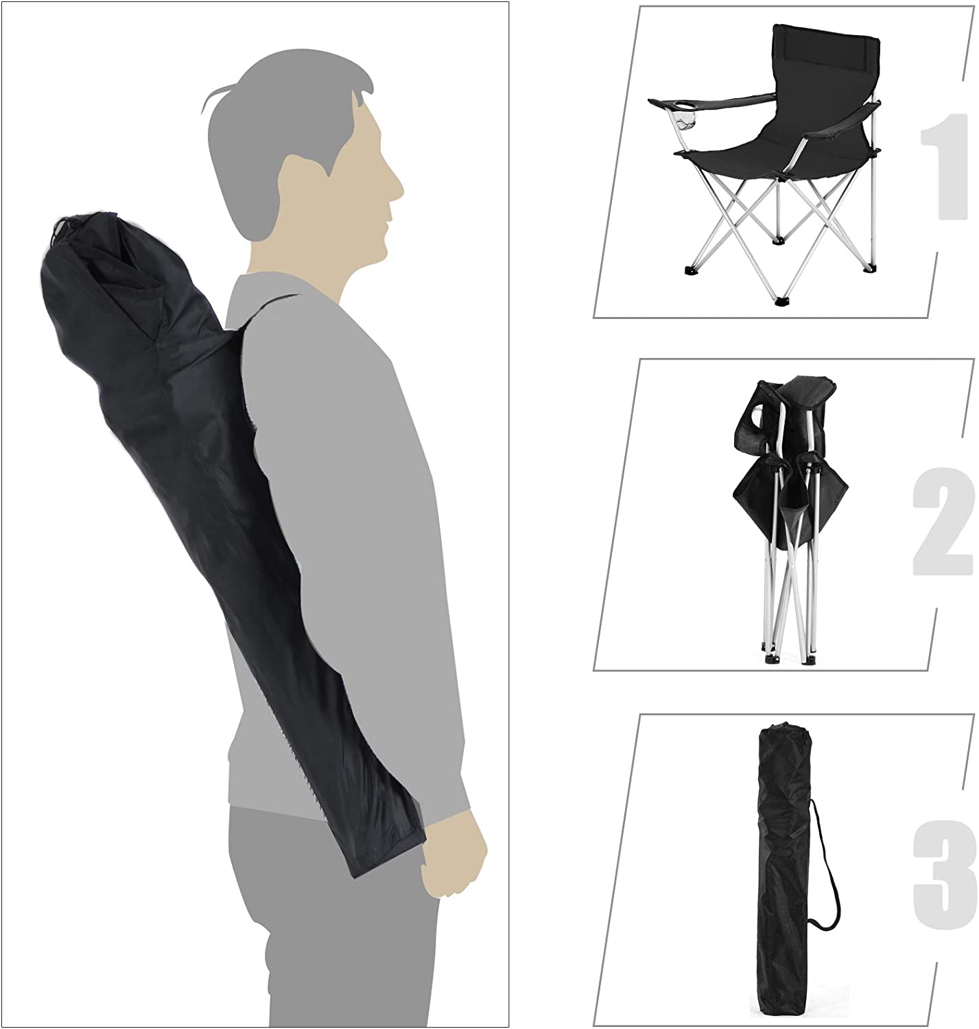 Lot de 2 Chaises de Camping Pliables, extérieur, Cadre Stable, capacité de Charge 120kg, Noir - 3