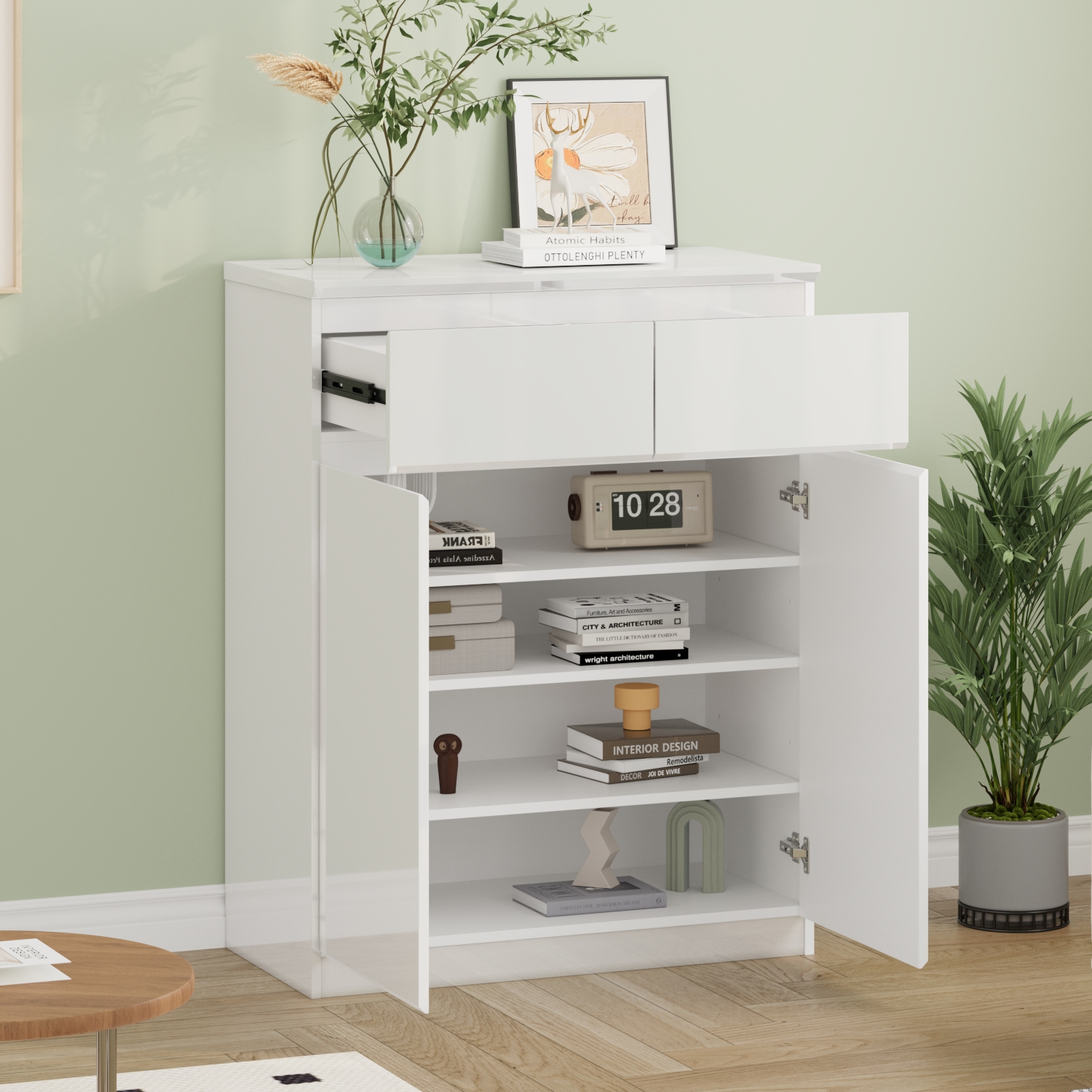 Buffet de Salon avec 2 Portes et 2 Tiroirs, Petit Rangement de Chambre sans Poignée, 80 x 40 x 103, Blanc Brillant - 2