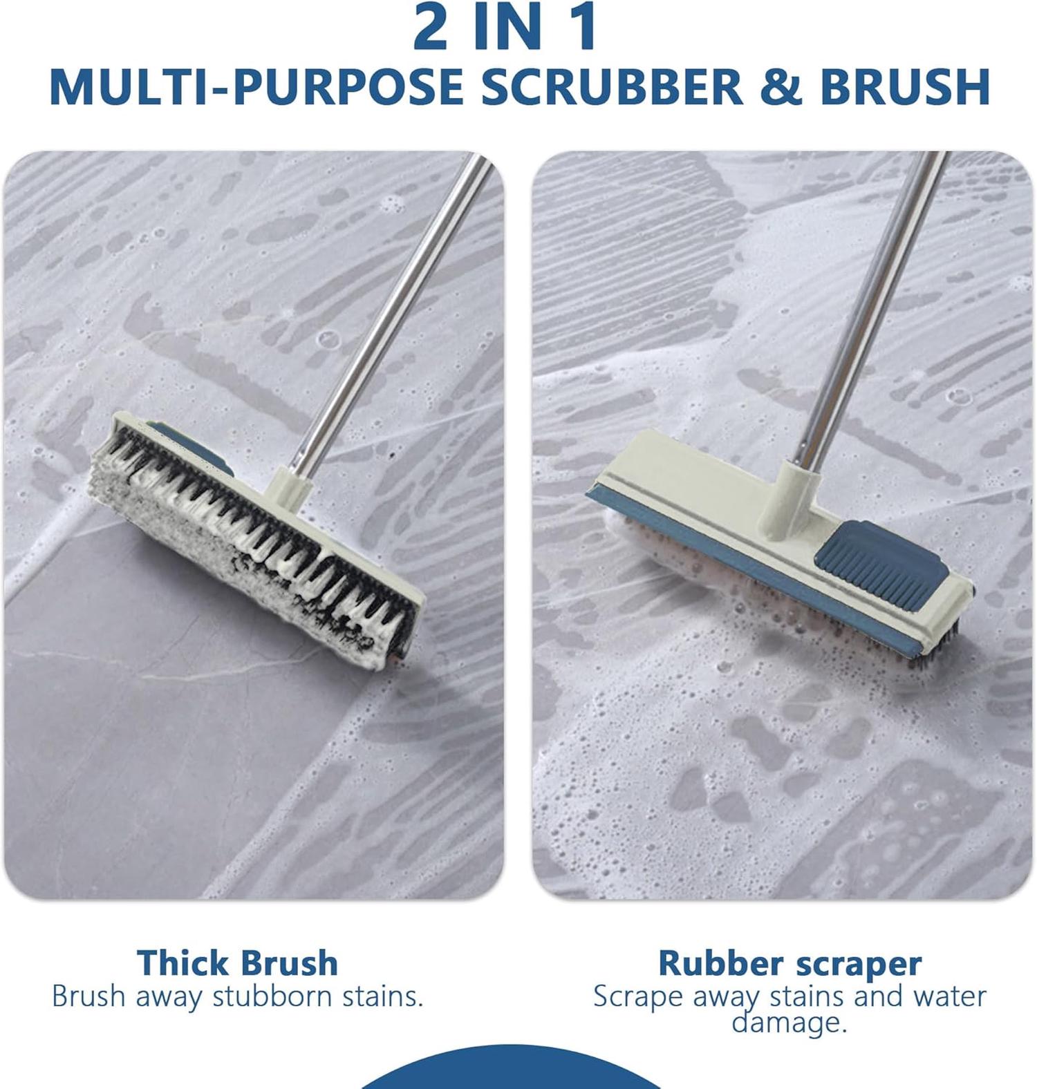 Brosse à récurer pour sol avec long manche et raclette intégrée, brosse 2 en 1 – Mât en acier réglable de 108 cm pour salle de bain, terrasse - 6