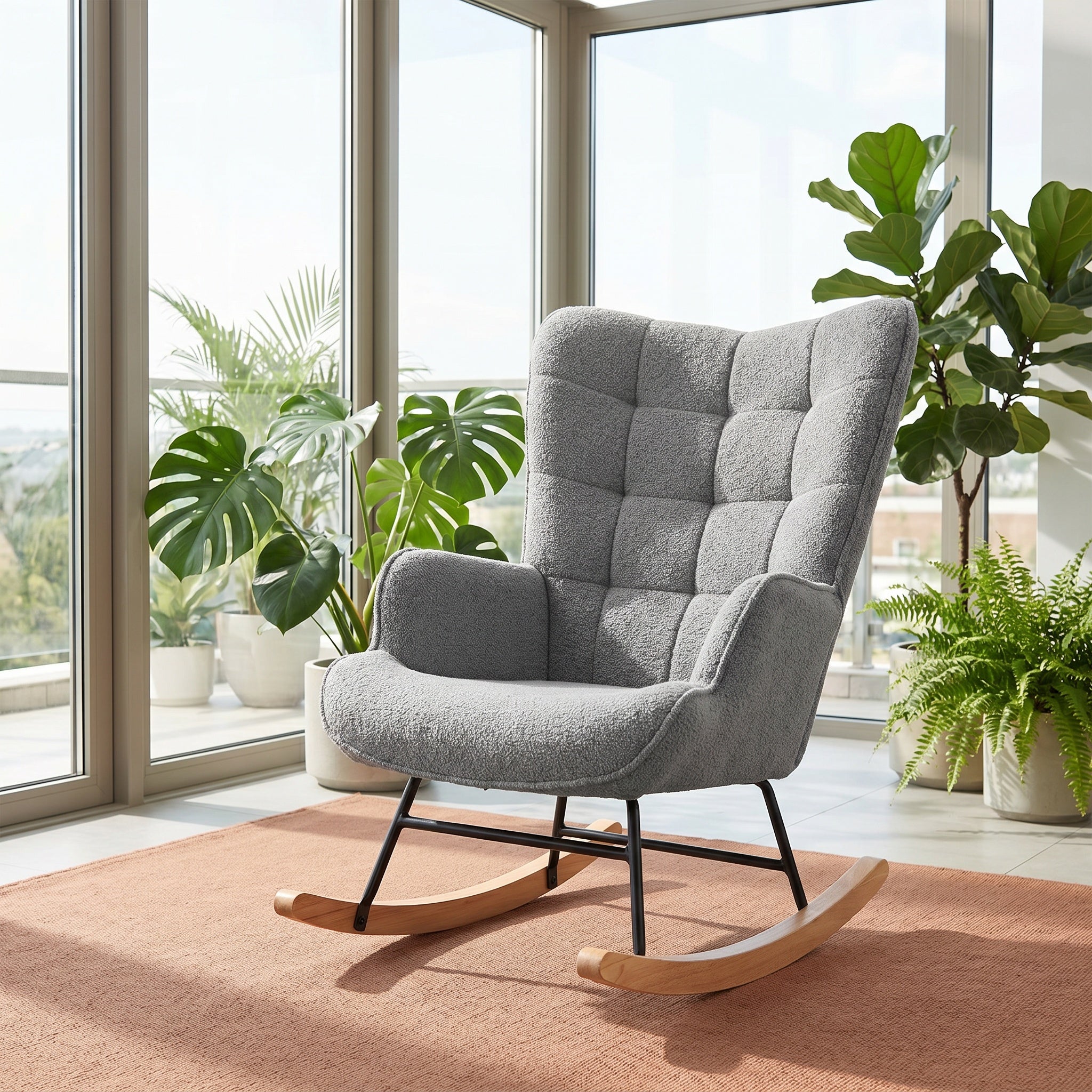 Fauteuil à Bascule, Rocking Chair d'Allaitement - Structure en métal et pieds bois massif, Maximale : 150 kg, Tissu Peluche Teddy, Gris, 75x68x92 cm - 9