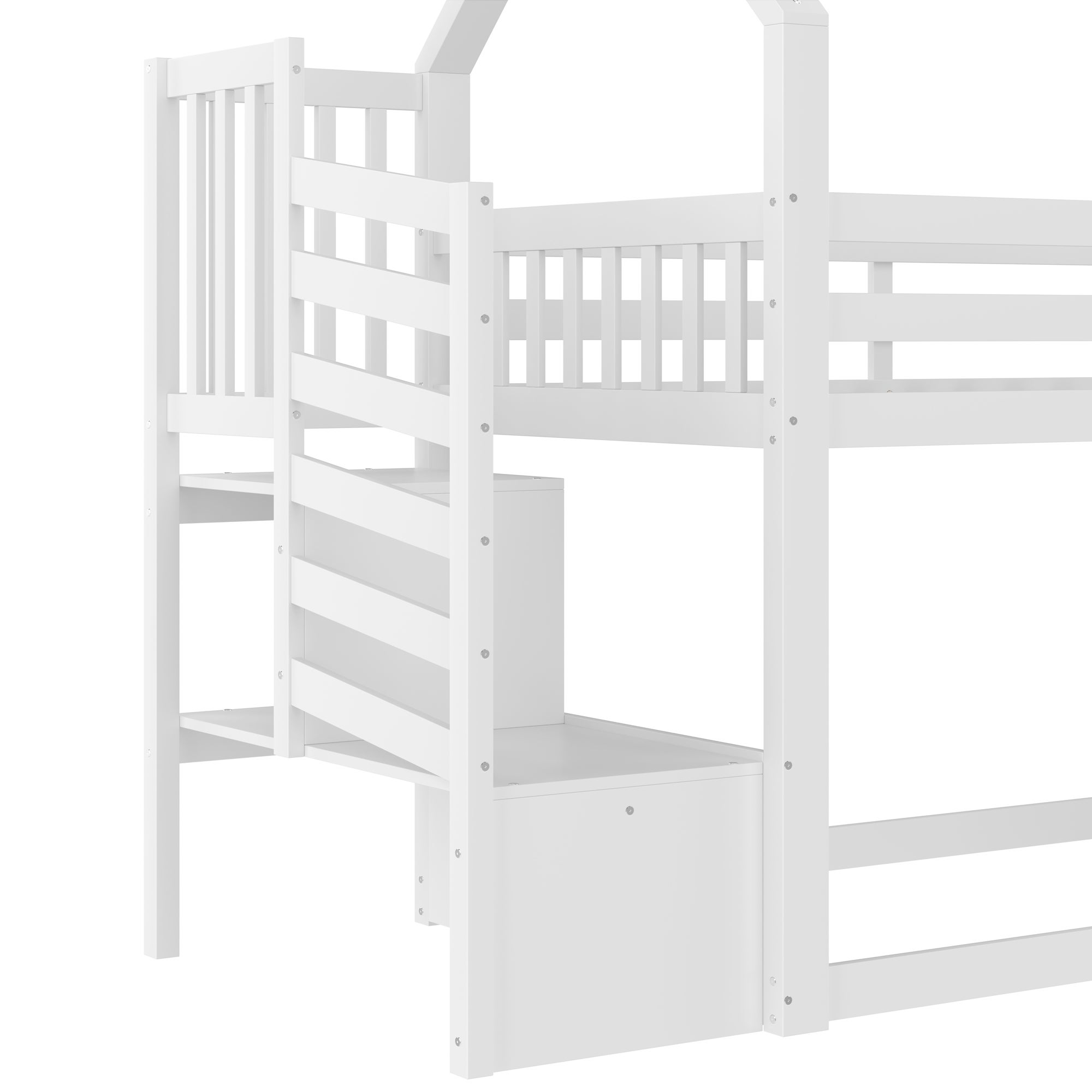 Lit superposé avec escalier de rangement et toboggan, lit d'enfant avec barrières, 90x200cm, blanc - 9