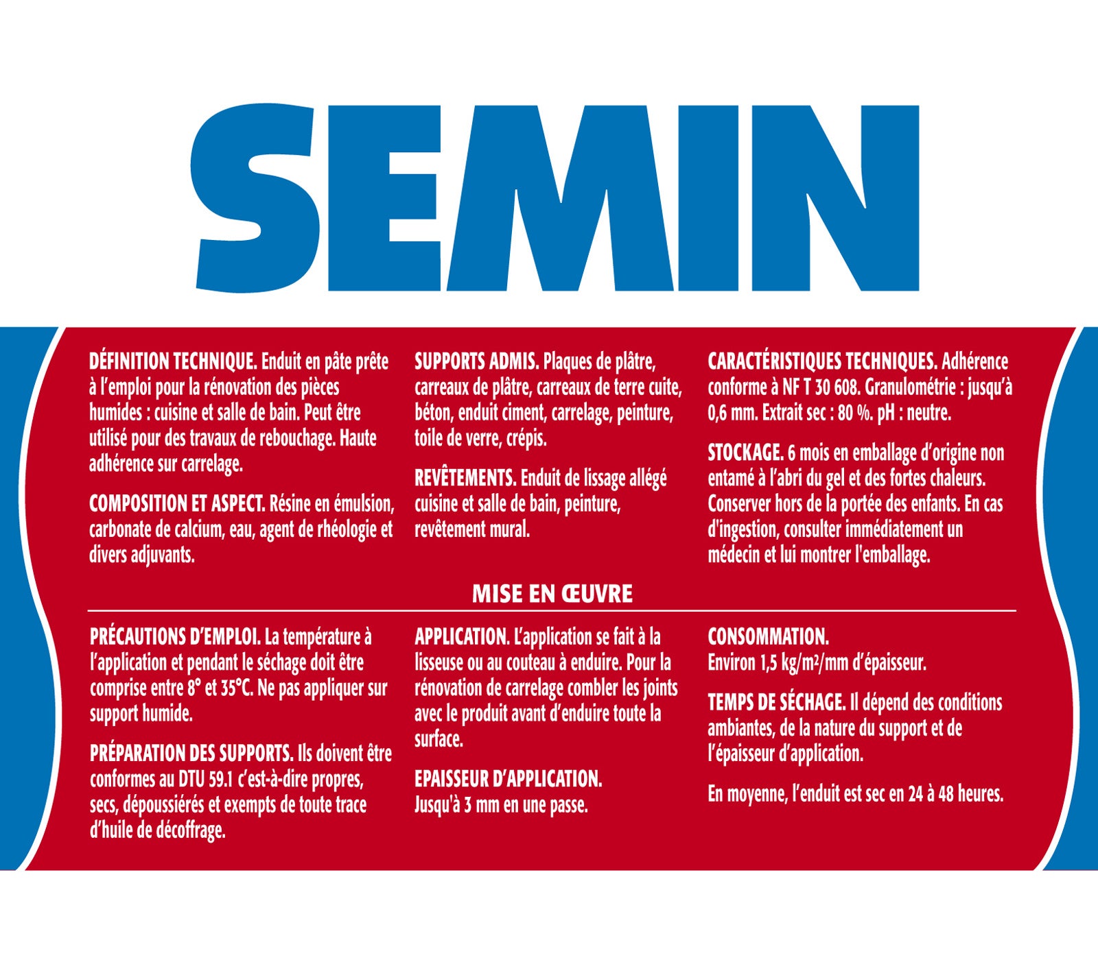 Enduit de rebouchage et rénovation spécial cuisine et salle de bain Semin - adapté aux pièces humides - seau de 1 kg - 3