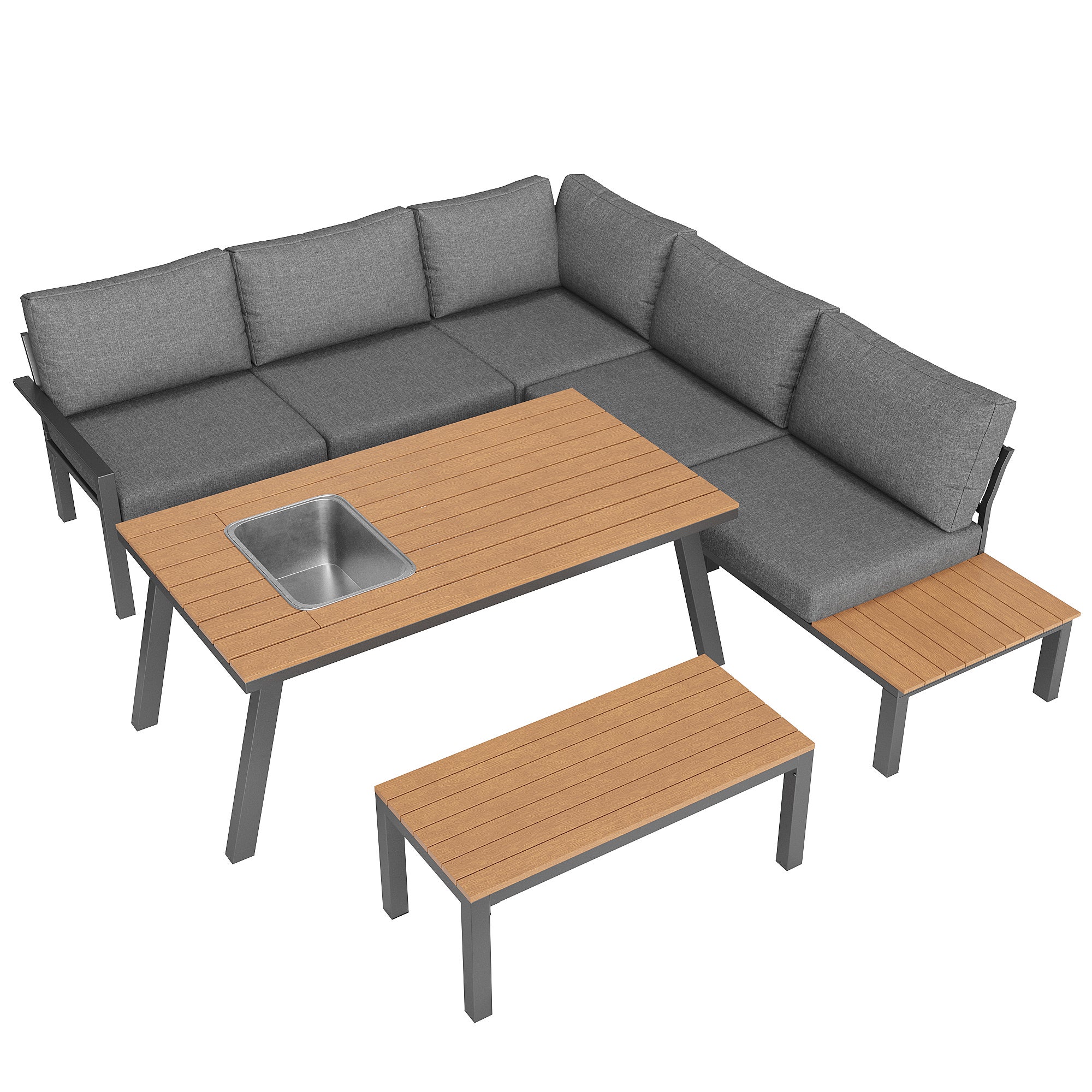Muebles de jardín modulares en hierro galvanizado: 1 sofá esquinero de 6 plazas + 1 banco + 1 mesa de comedor - Gris + natural - 9