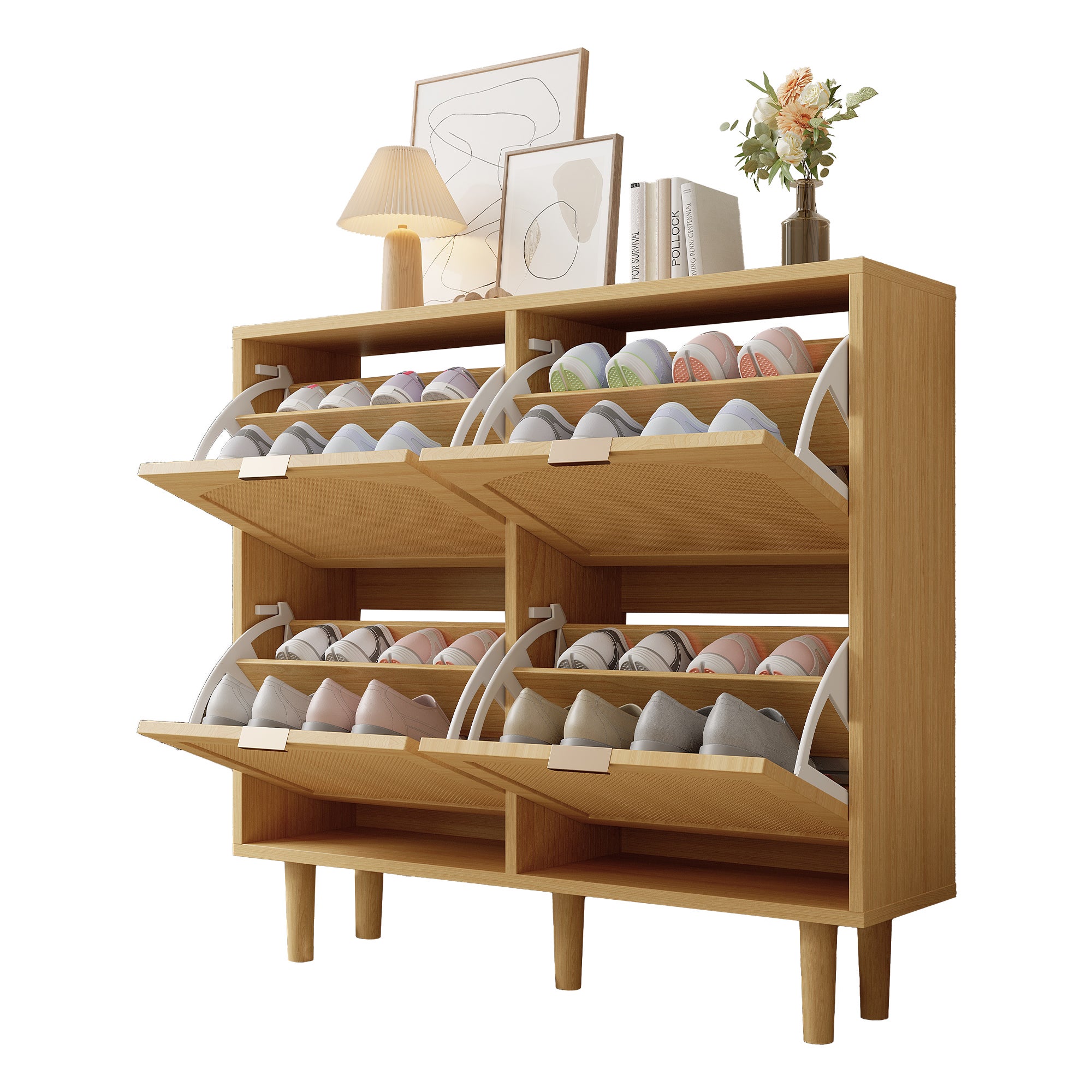 Meuble à chaussures avec 4 tiroirs rabattables en rotin - 100 x 25 x 90 cm - Panneau de particules - Chêne clair - 8