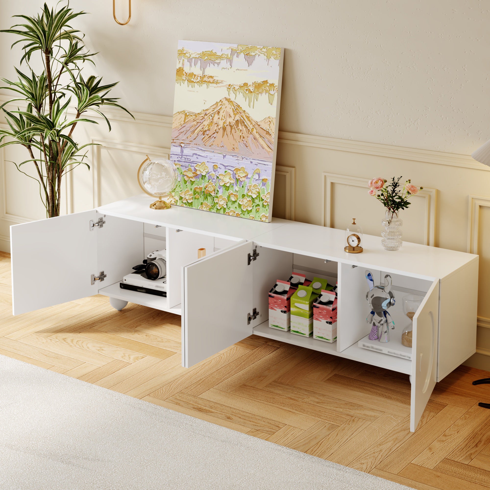 Nowoczesna szafka RTV z 4 drzwiami - 180,5 x 38 x 50 cm - Płyta wiórowa + MDF - Biała - 4