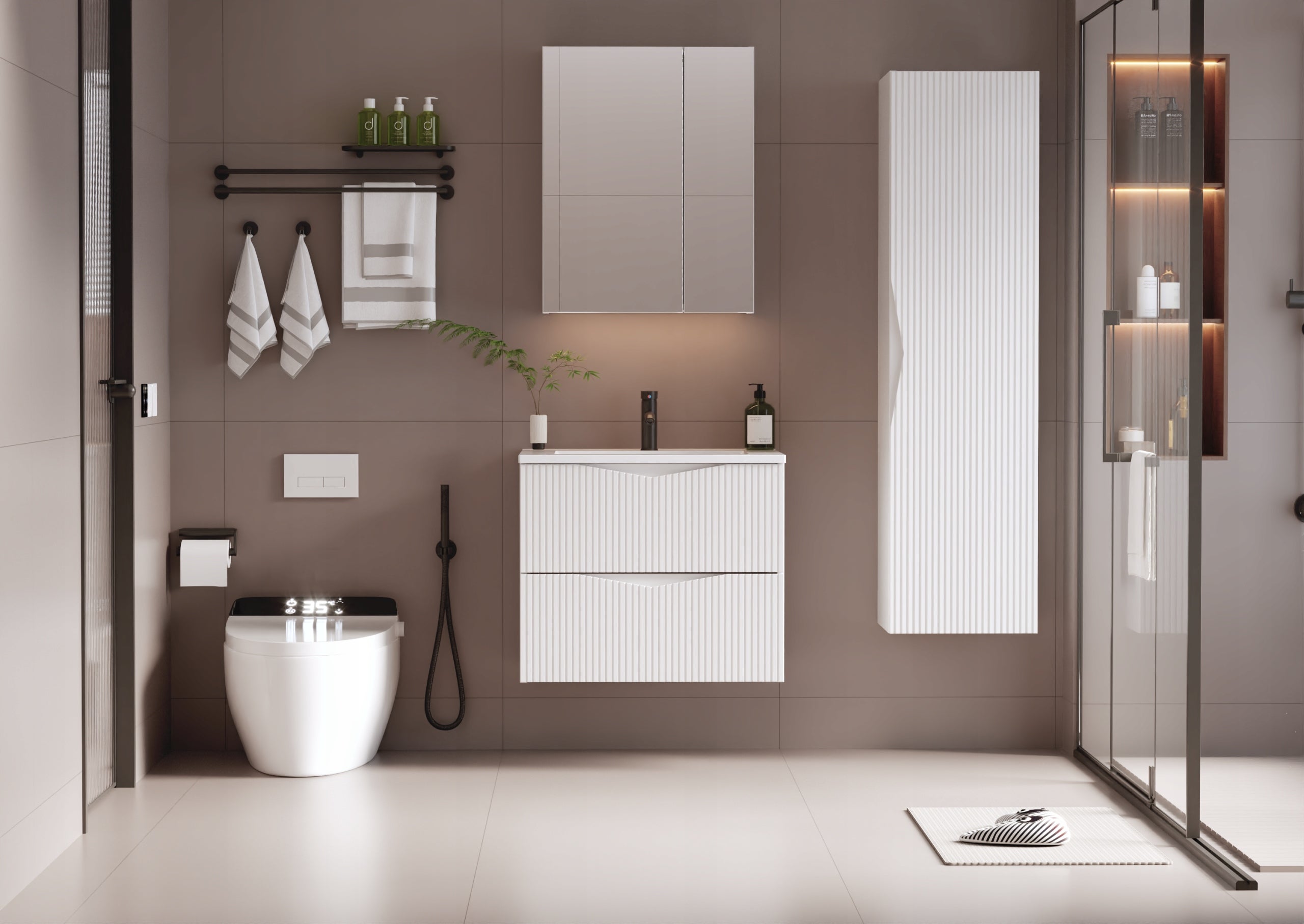 Słupek łazienkowy CLEO 160 cm biały wiszący z półkami ryflowane fronty MDF - 8