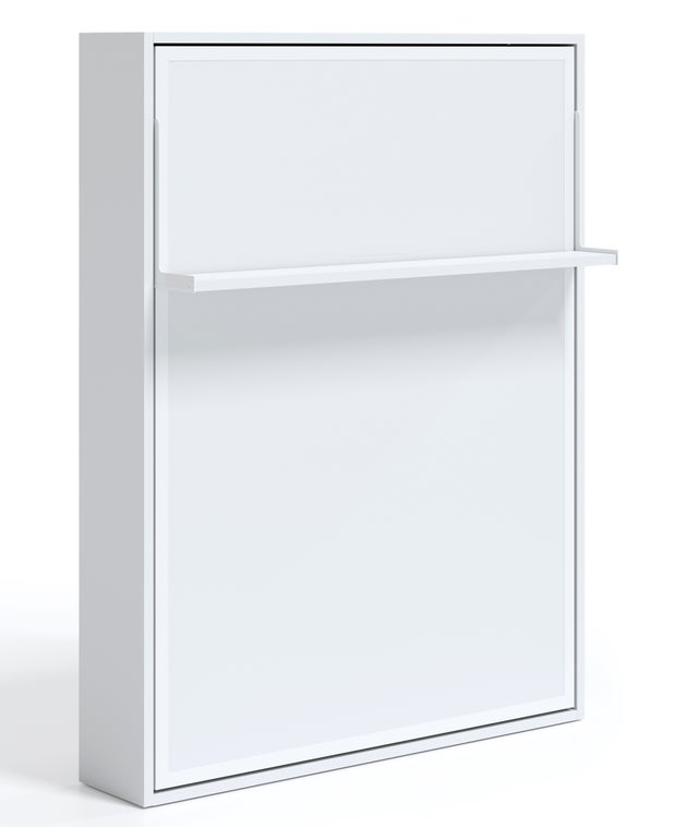 Lit escamotable vertical 140x190 avec étagère Habitat-Cadre Blanc-Façade Noyer
