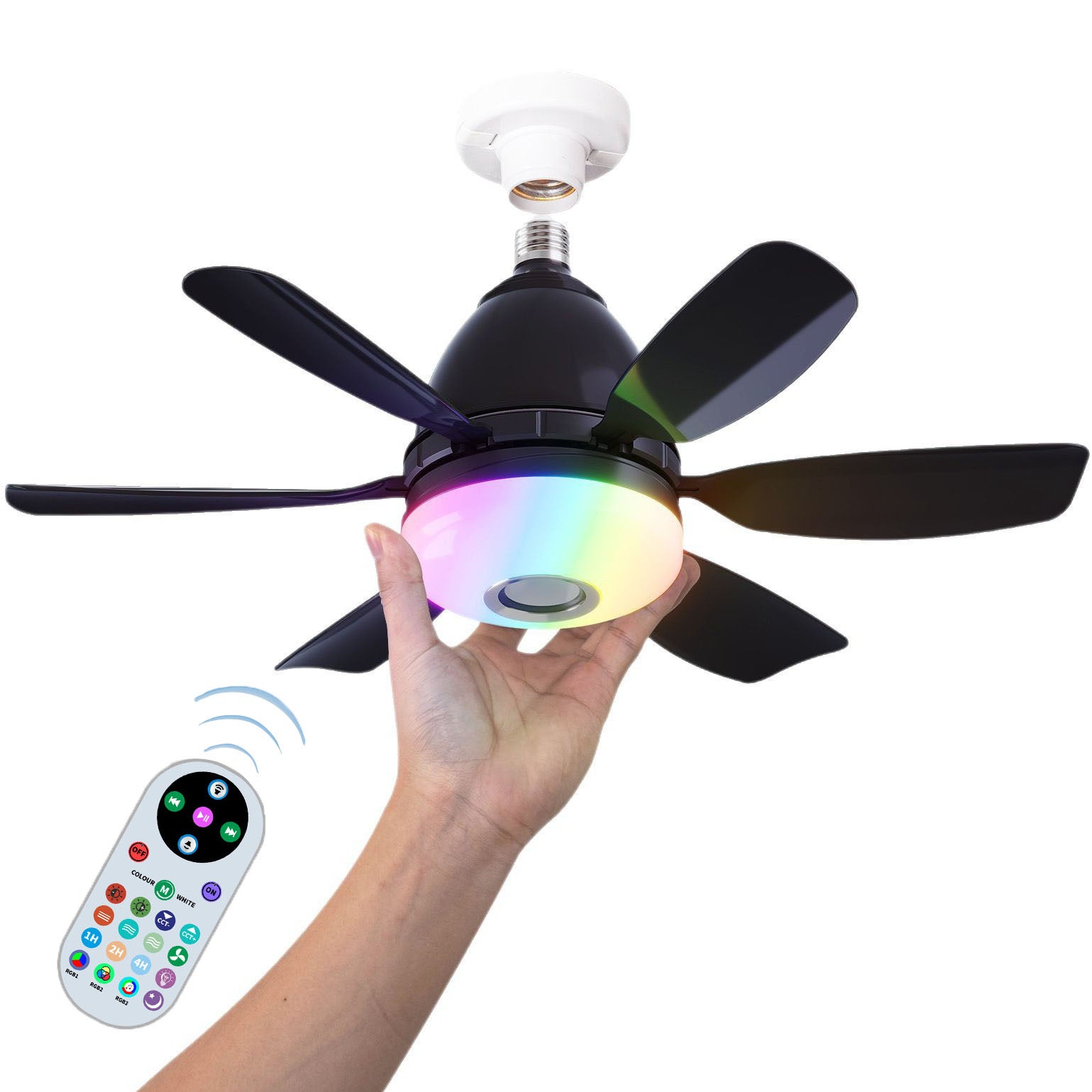 Wentylator sufitowy RGB z regulacją prędkości oświetleniem wyłącznikiem czasowym funkcją muzyki odpowiedni biur zmiana światła trzech kolorach czarny