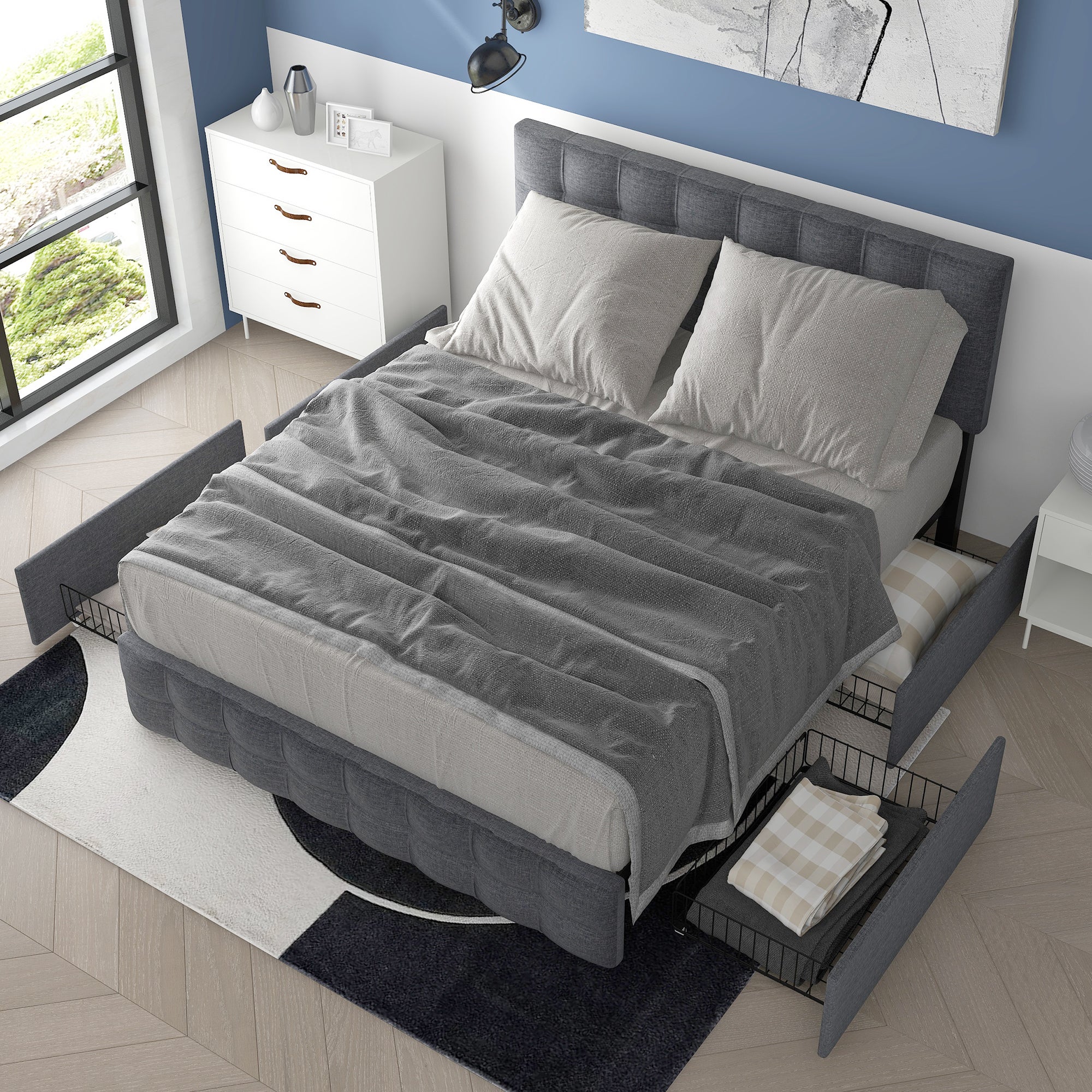 Cama estofada em linho com 4 gavetas - cabeceira ajustável + base metálica - 140x200cm - Cinza - 2