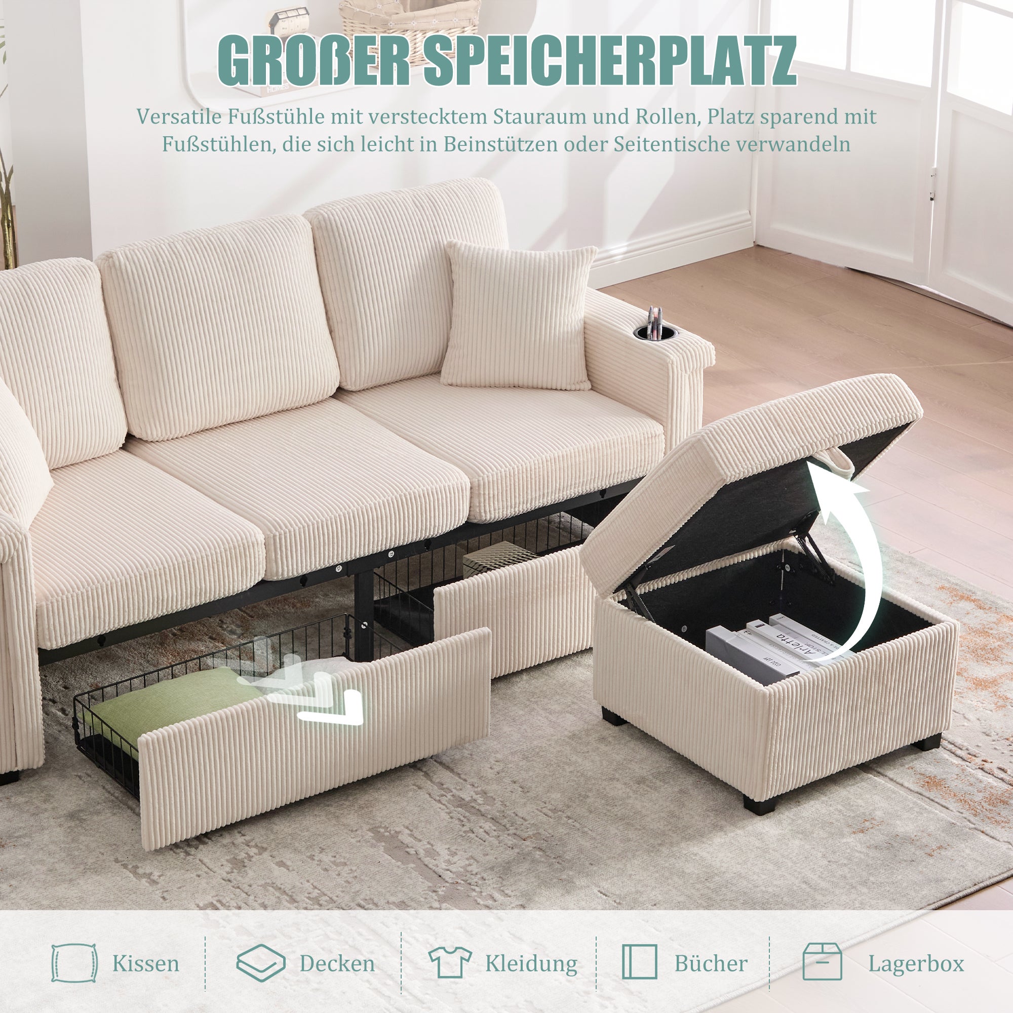 Canapé velours premium beige - Éclairage LED + port USB-C - Repose-pieds rangement + porte-gobelets - Salon/bureau - 5