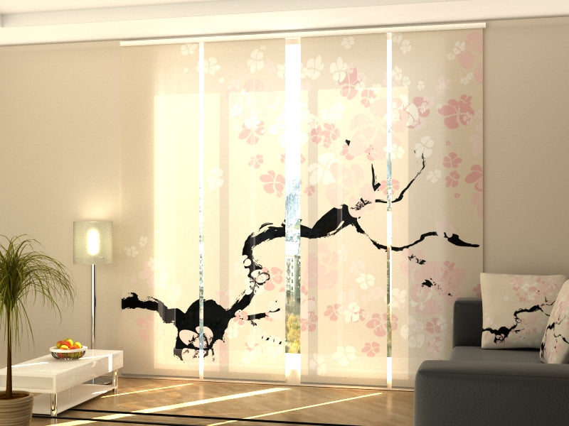 4 paneles japoneses 60x245 cm wellmira con riel de 4 vías, 240cm - diseño cerezo en flor abstracto