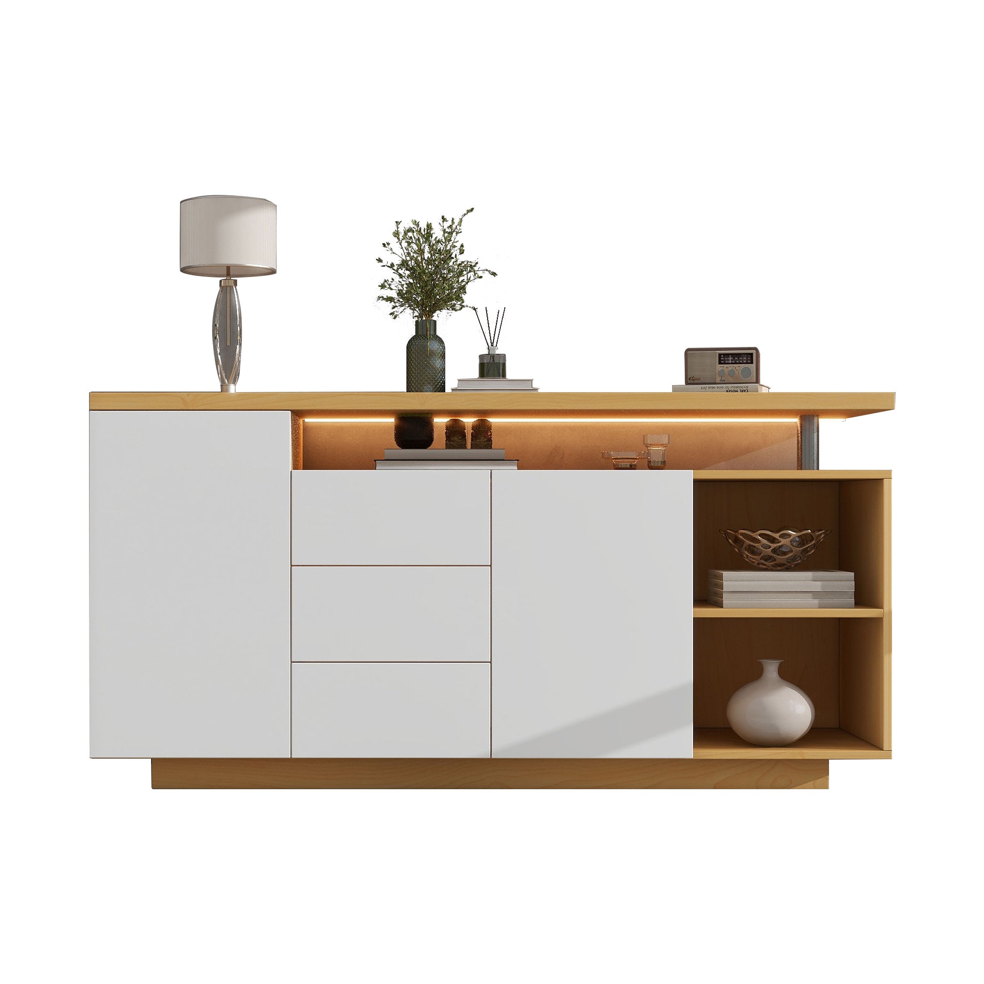 Credenza con illuminazione a LED - 2 ante, 3 cassetti, 2 nicchie - Naturale e Bianco - 3