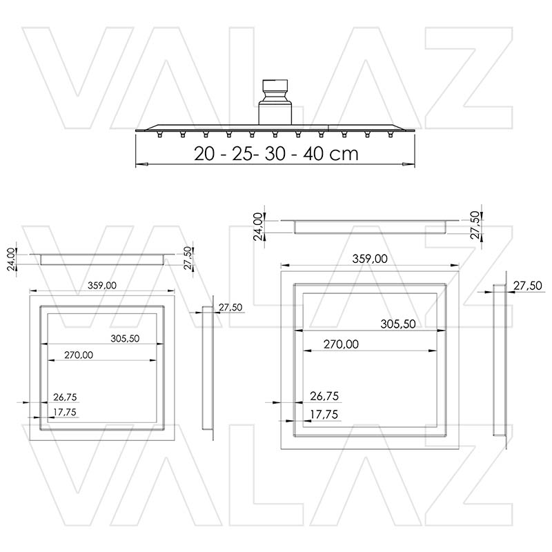 Valaz Douchette carrée à encastrer, noir mat - Série Tajo - 30 cm - 3