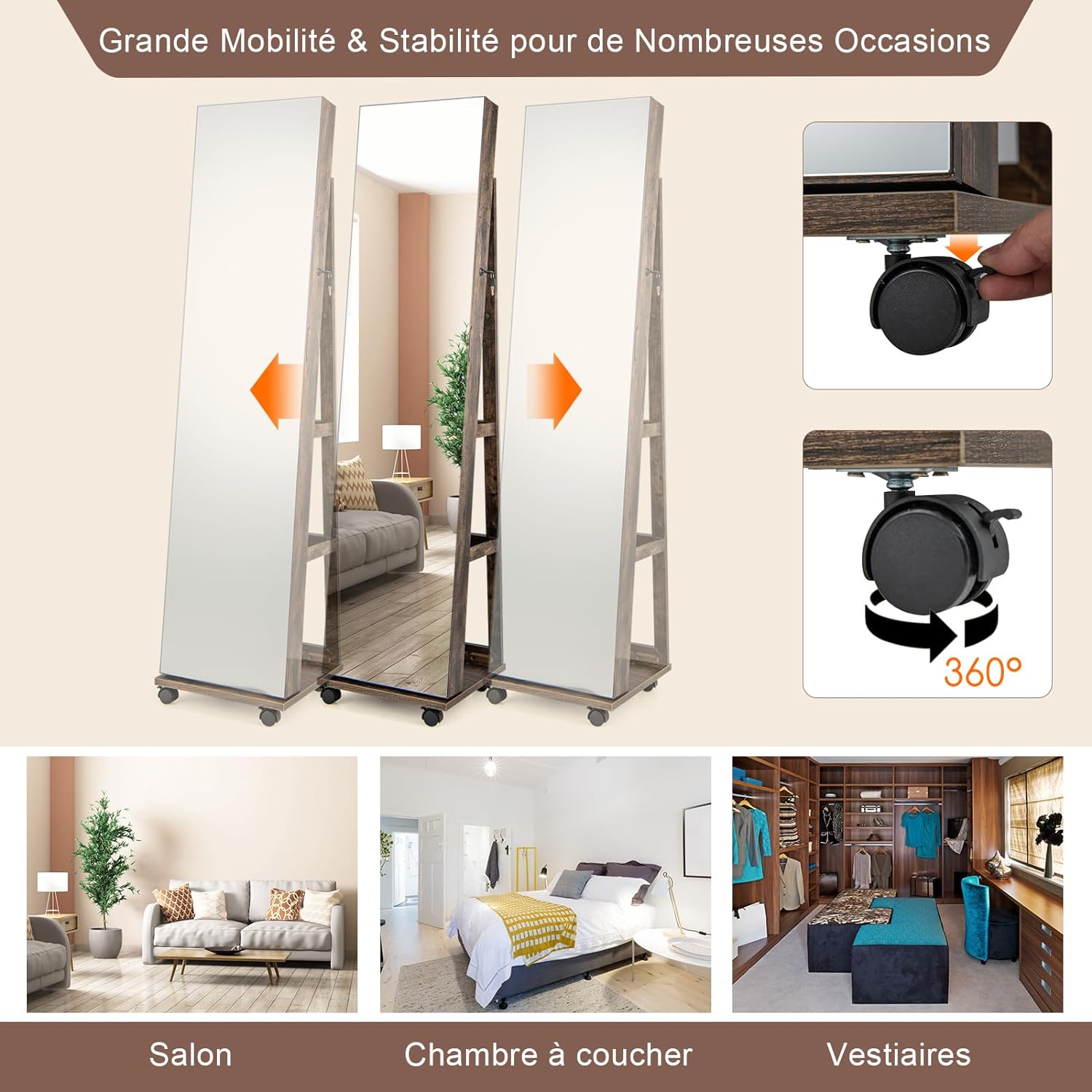 Armoire à Bijoux Mobile avec Miroir Pleine Longueur-avec Serrure-Lumières Led 3 Couleurs-Miroir de Courtoisie Intégré Café - 8