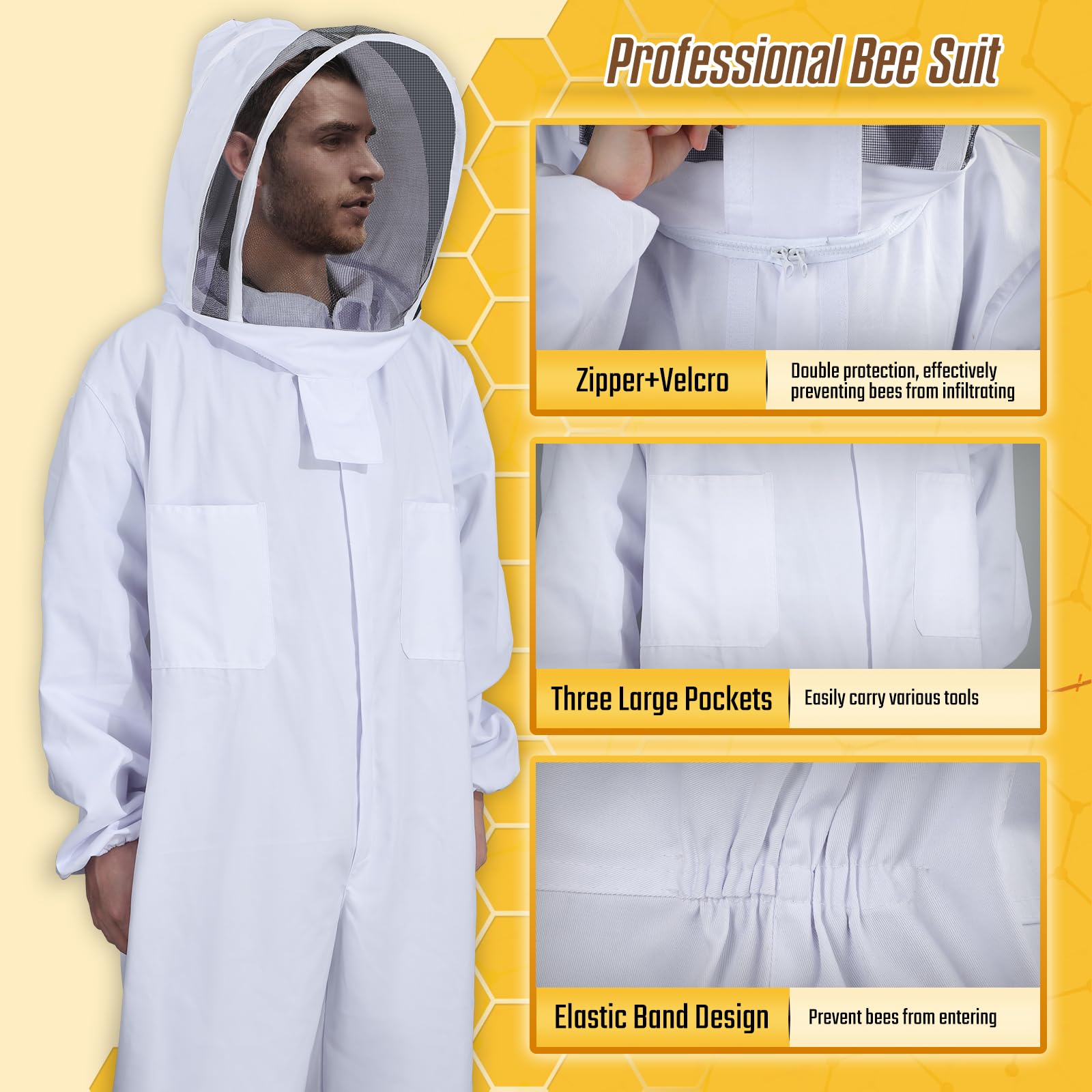 Combinaison apiculture tout corps avec capuche et voile, manteau protection apiculteur en coton, costume apicole anti-guêpes (XL) - 4