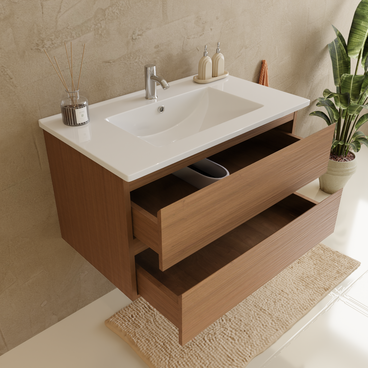 Ensemble Meuble Vasque 80 Cm Avec Colonne - Chêne Chaud - Lavabo Blanc - LOMAZOO Verona - 3