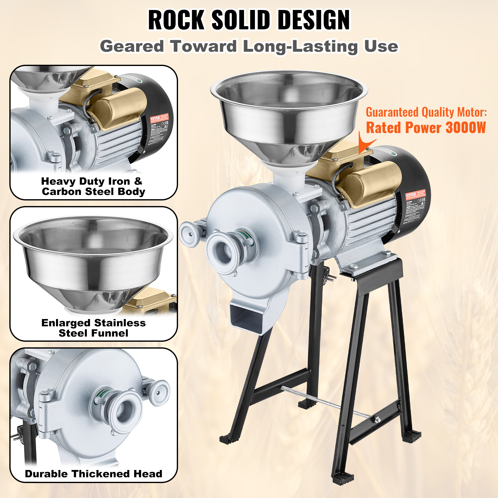 Moulin à grains électrique,VEVOR 3000W,moulin à farine humide et sec,épaisseur réglable,acier inoxydable,broyage rapide des grains,épicesM - 6