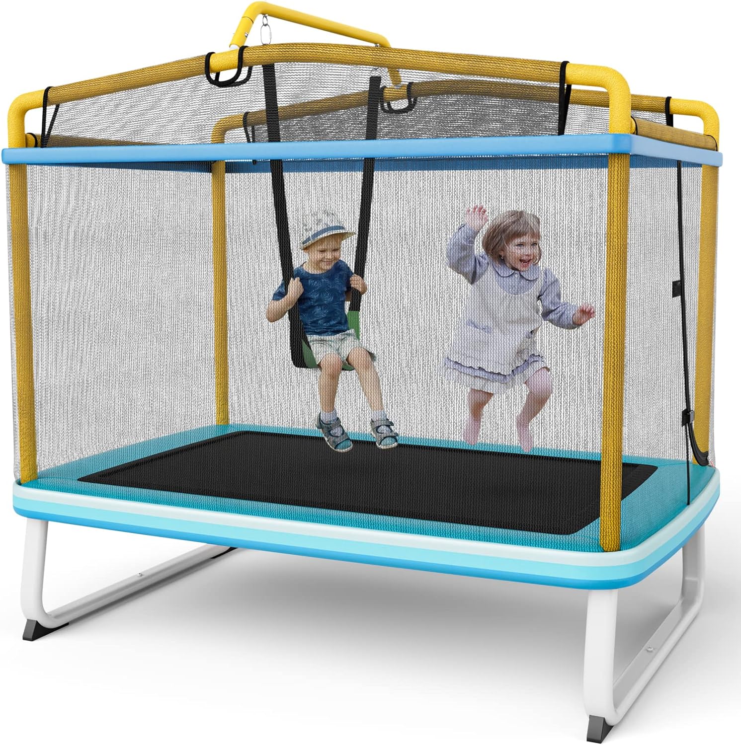 Trampolina dla Dzieci Powyżej 3 Lat, 1.8m, Siatka Zabezpieczająca, do Użytku we Wnętrz/na Zewnątrz, Zamek Błyskawiczny, Huśtawka/Drążek Poziomy, Żółta