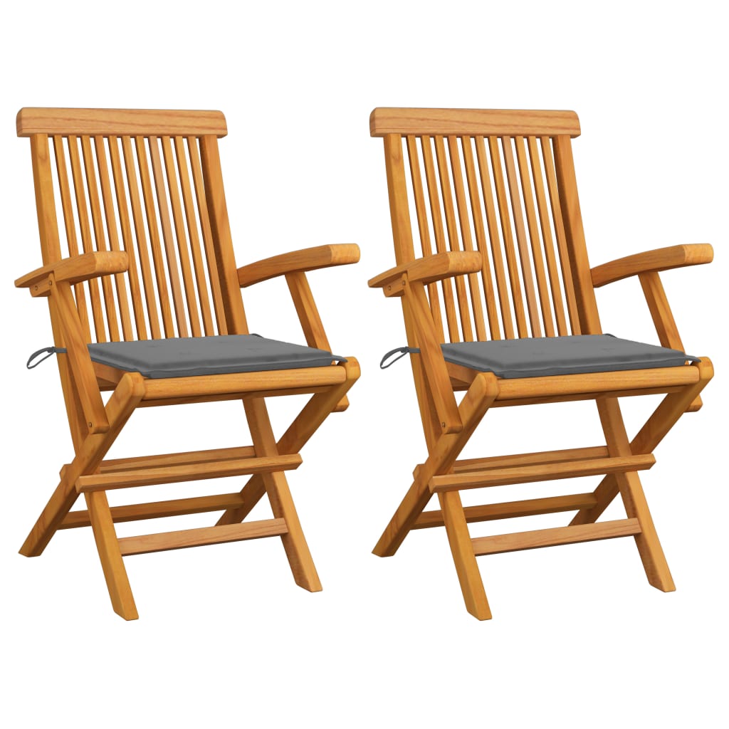 Chaises de jardin avec coussins gris 2 pcs Bois de teck massif - 2