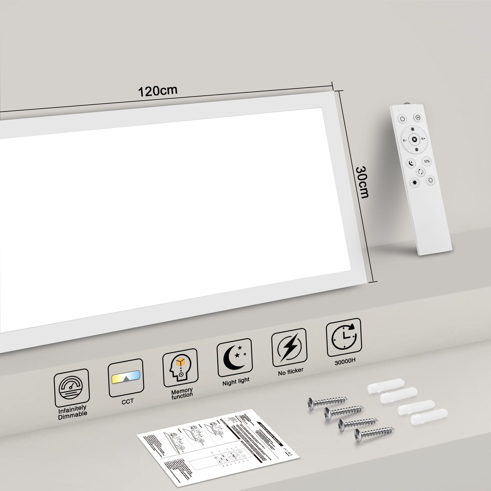 LOVHAUS Panneau LED 120x30CM, Intérieur Plafonnier LED Avec Télécommande, Variation Blancs Et Intensité, Avec Fonction Mémoire Et Minuterie, Blanc - 4