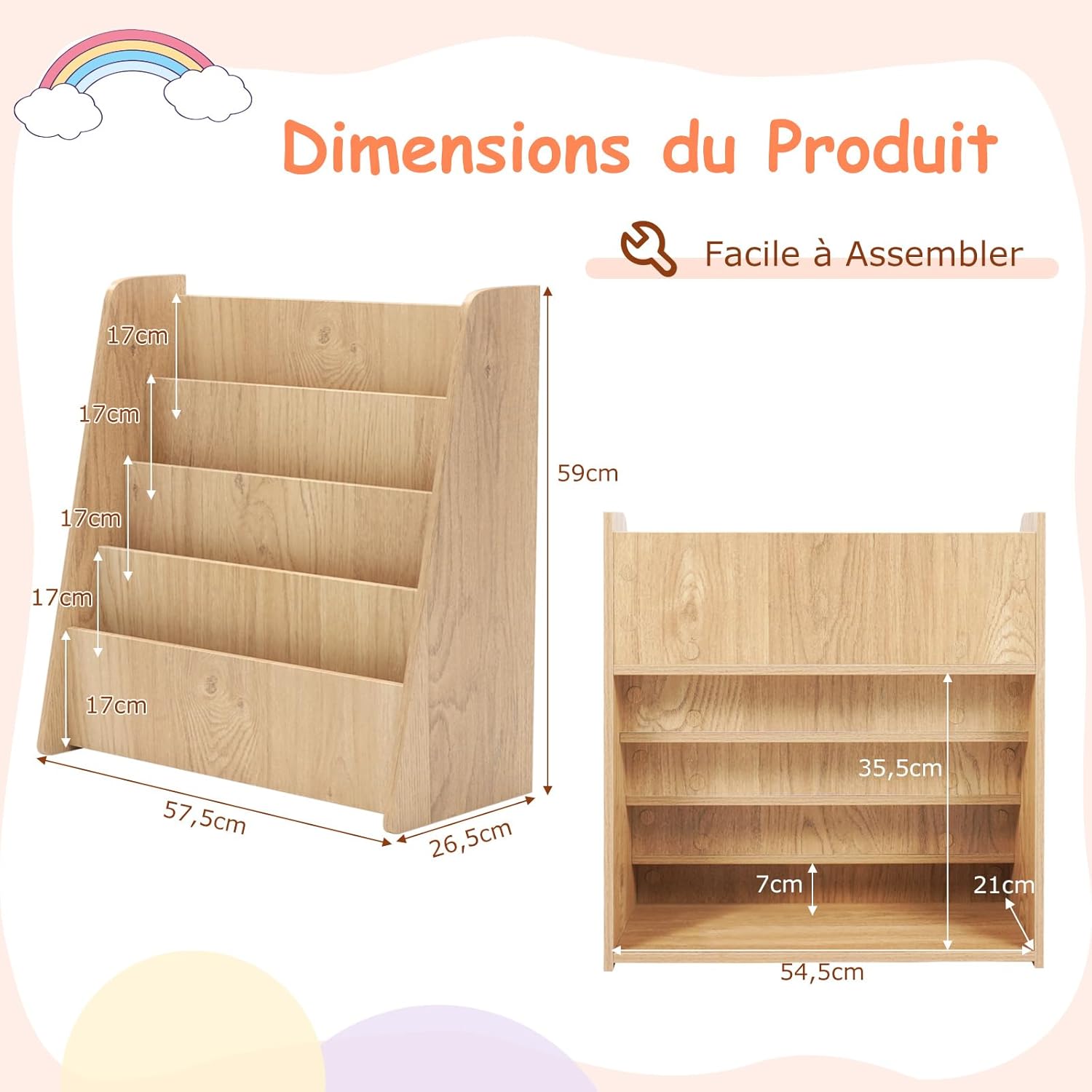 Libreria per Bambini a 4 Ripiani, Scaffale in Legno con Ampio Spazio di Esposizione, Porta Riviste per Camera dei Bambini Sala Giochi e Aula, - 3
