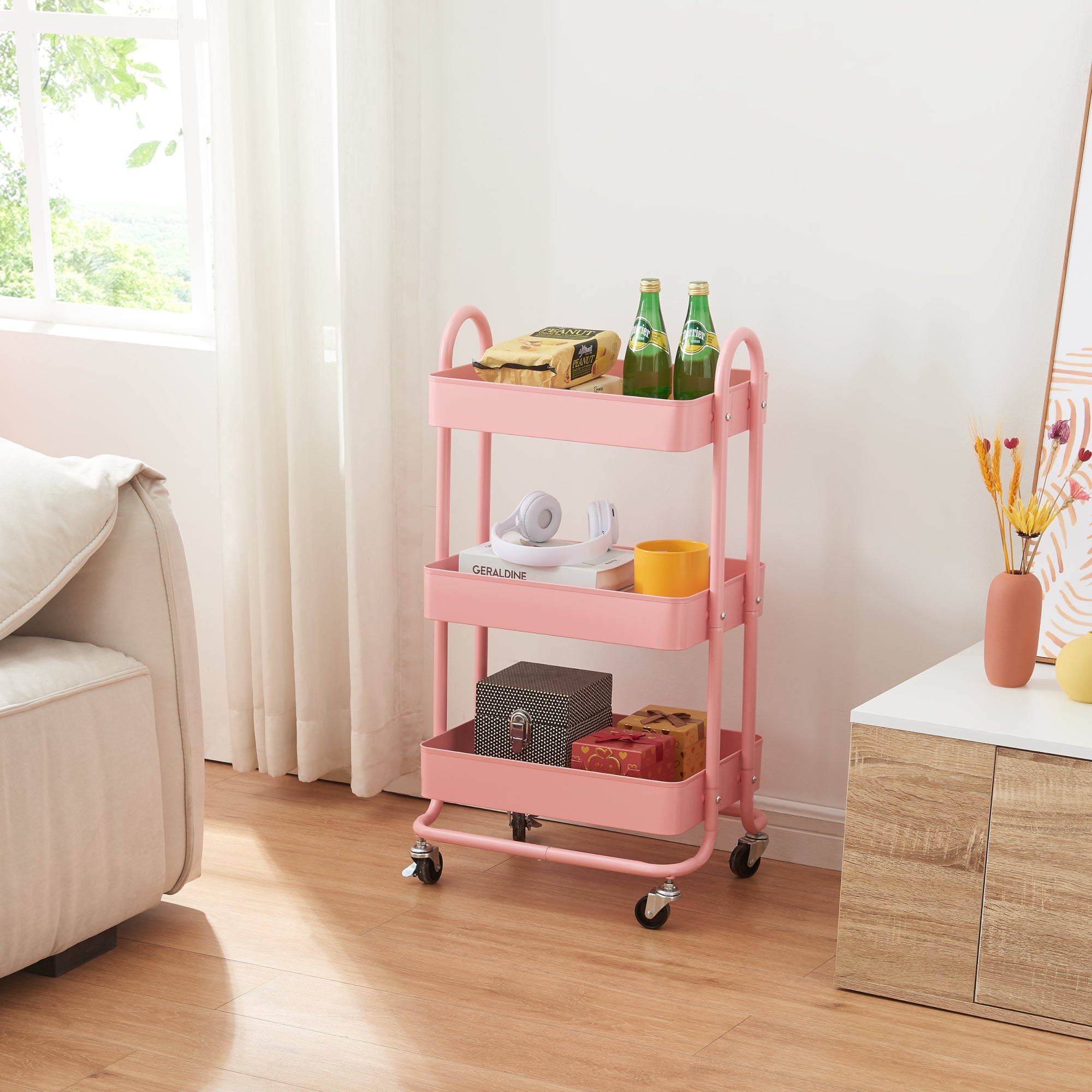 Chariot de service Pyhäntä à 3 paniers acier 79 x 46 x 35 cm rose [en ...