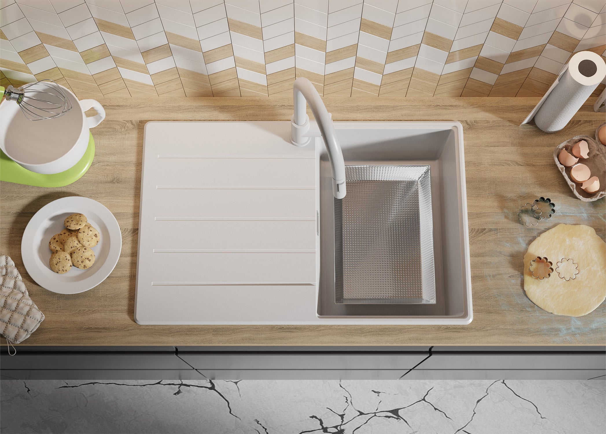 Lava-louça de pousar Branco 78x50cm, Pia de Cozinha 1 cuba + Kit de drenagem + Kit de acessórios, Pia em Granito em armários de 45cm PRIMAGRAN - 7