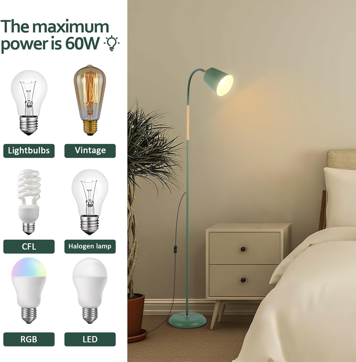 Lampadaire LED Anten, vert Abat-jour trapézoïdal Classique moderne Orientable sur 360°, hauteur 159 cm (ampoule non incluse) - 7