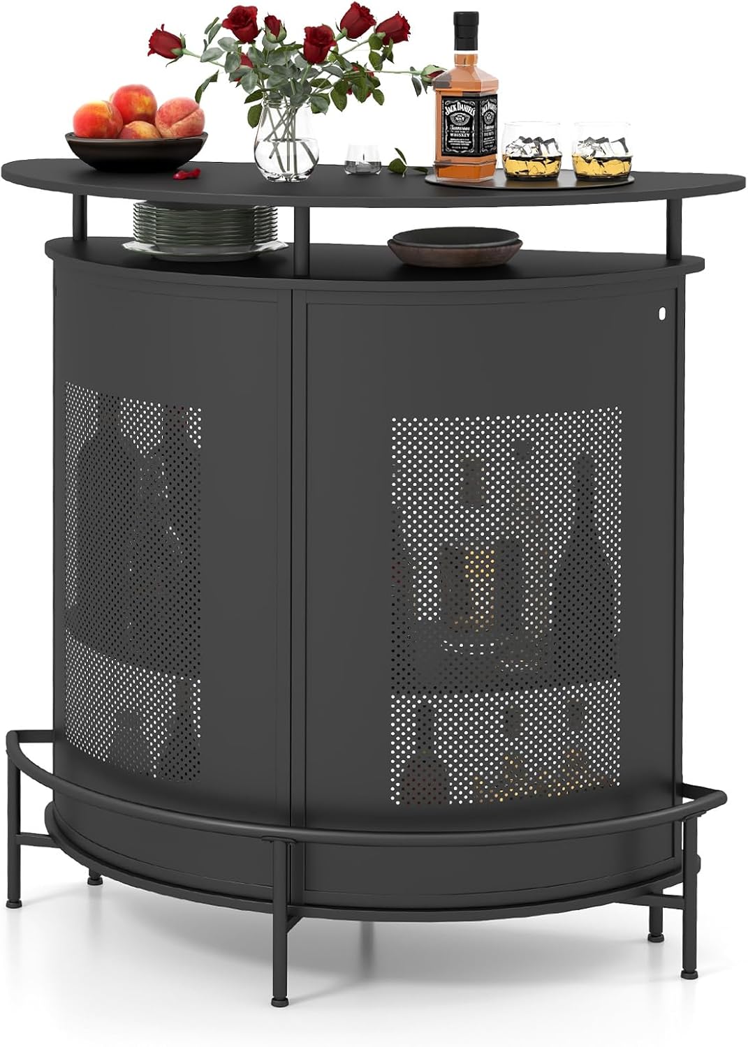 Stół Barowy z Metalową Ramą, Mebel Kuchenny z Otwartym Regałem, 6 Uchwytów na Wino, Stół Barowy z Podnóżkiem do Kuchni/Jadalni