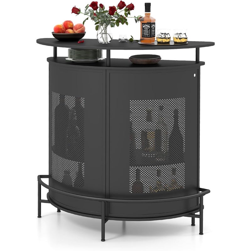 Stół Barowy z Metalową Ramą, Mebel Kuchenny z Otwartym Regałem, 6 Uchwytów na Wino, Stół Barowy z Podnóżkiem do Kuchni/Jadalni