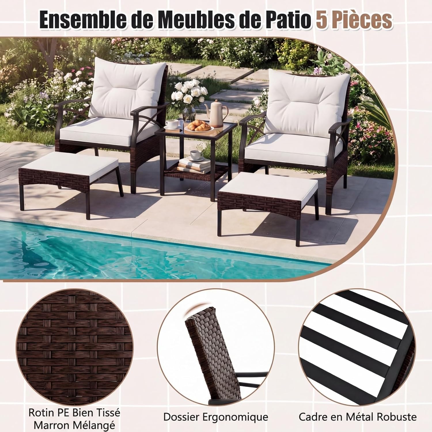 GIANTEX Conjunto Móveis Pátio 5 Peças em Rattan, 2 Cadeiras 2 Pufs e 1 Mesa Baixa Tampa Vidro Temperado Almofadas, para Pátio Quintal, Bege - 3