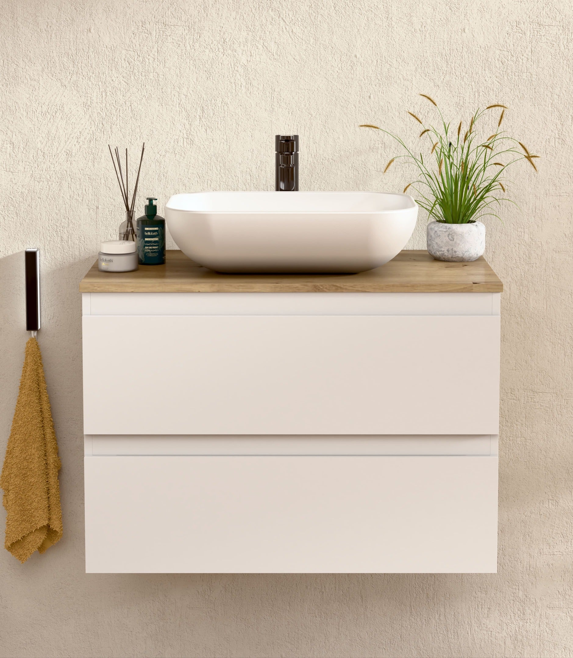 BELLOBATH - Móvel com Lavatório de Cerâmica, Móvel Montado com 2 Gavetas, 80 x 55 x 46 cm, Móvel Branco e Tampo Carvalho - 2