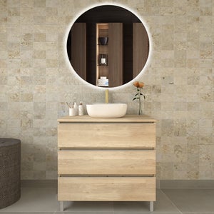 Meuble de salle de bain avec vasque à poser arrondie PALMA et miroir Led SOLEN - Bambou (chêne clair) - 70cm