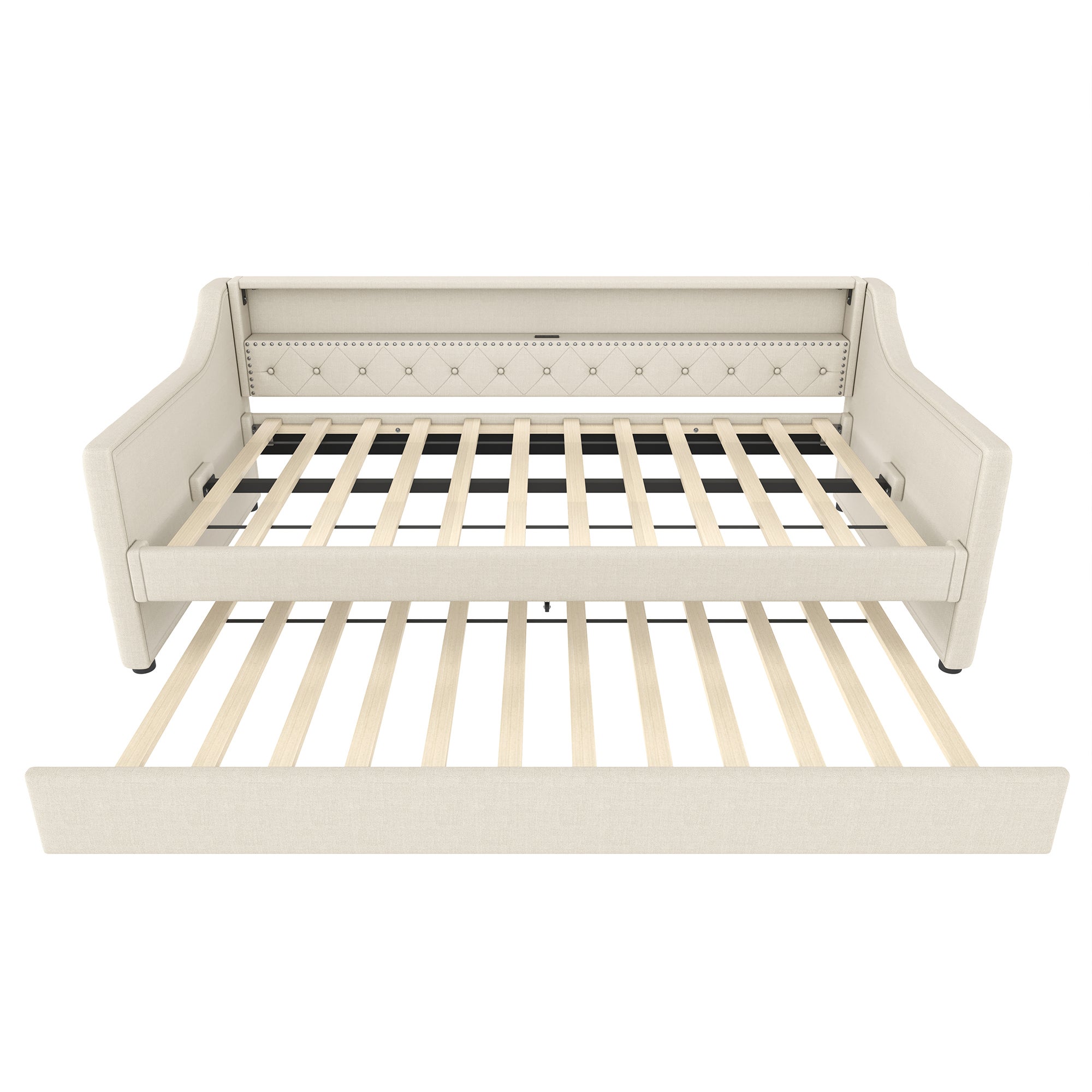 Sofa rozkładana 90 x 200 cm - z oświetleniem LED - z wysuwanym łóżkiem - z USB - pościel - z podstawą - kolor beżowy - 7