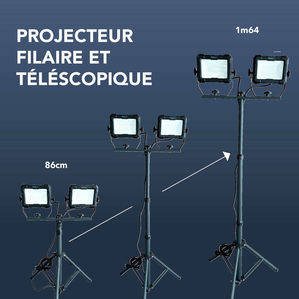 Projecteur LED de chantier filaire sur pied télescopique 2x50W, 2x4600 lumens, IP65, IK07, 4000K, garantie 3 ans - Tibelec - 4