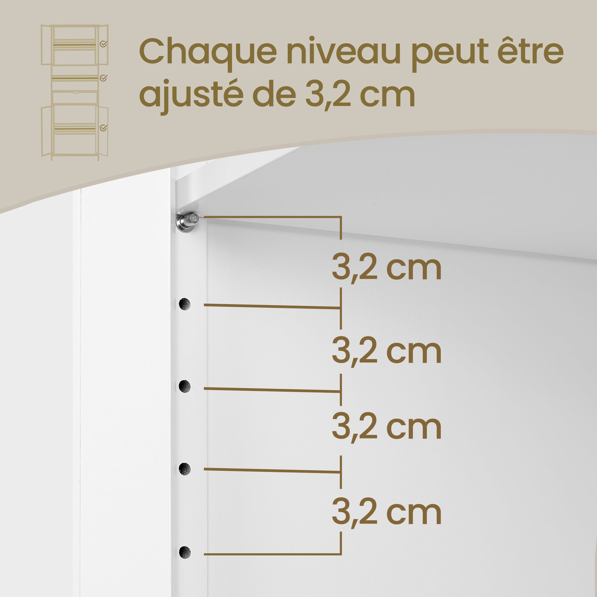 Armoire de Rangement Haute avec Étagères Réglables, Placard et Tiroir, pour Salle de Bains, Cuisine, Salon, Blanc - 6