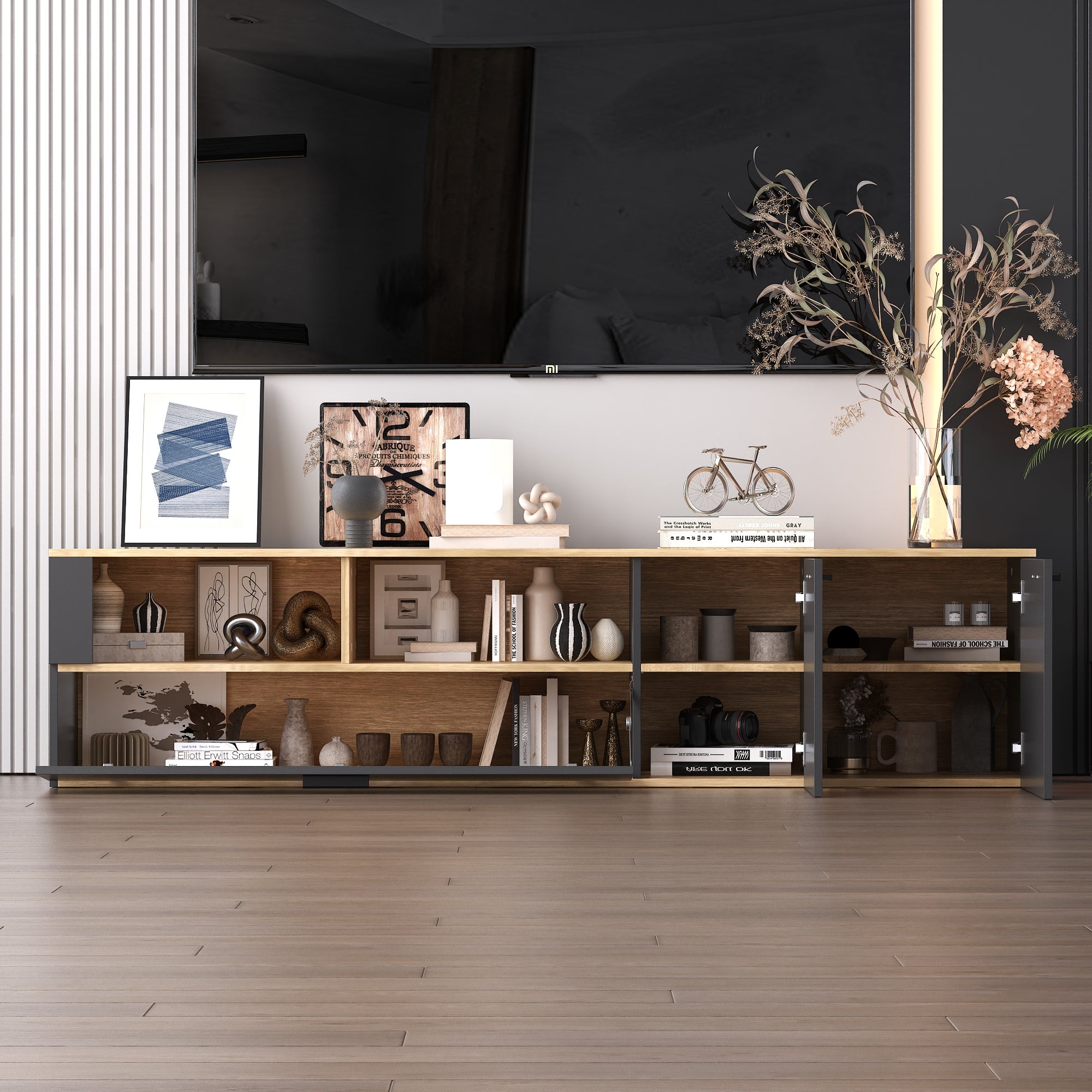 Meuble TV en gris foncé&bois naturel,7 espaces de rangement,3 portes à gauche et à droite,dispositif anti-basculement,180x40x40,5cm - 3