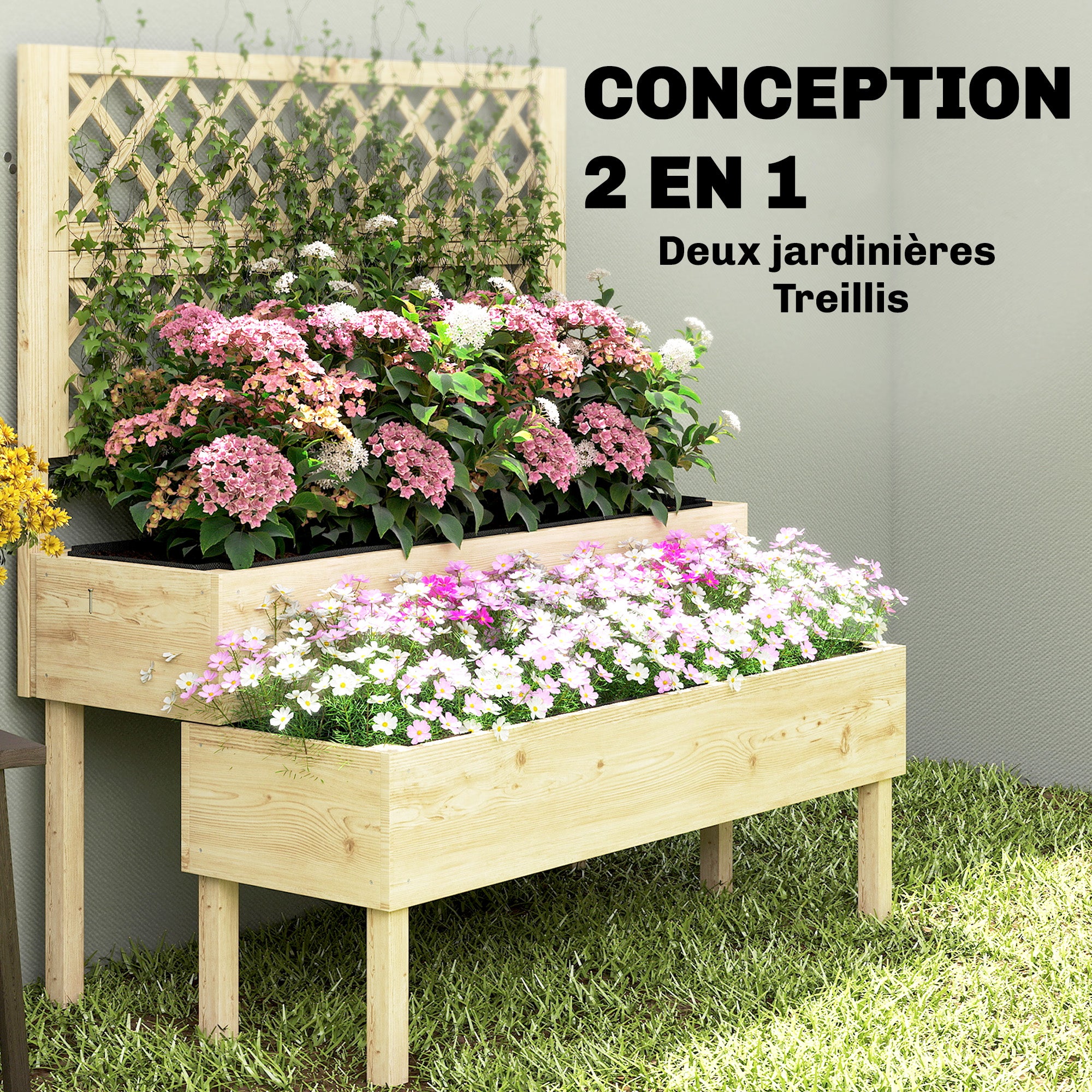 Jardinière surélevée à 2 niveaux avec treillis, jardinière intégrée, revêtement en tissu non tissé, 108 x 62 x 120 cm, effet naturel - 6