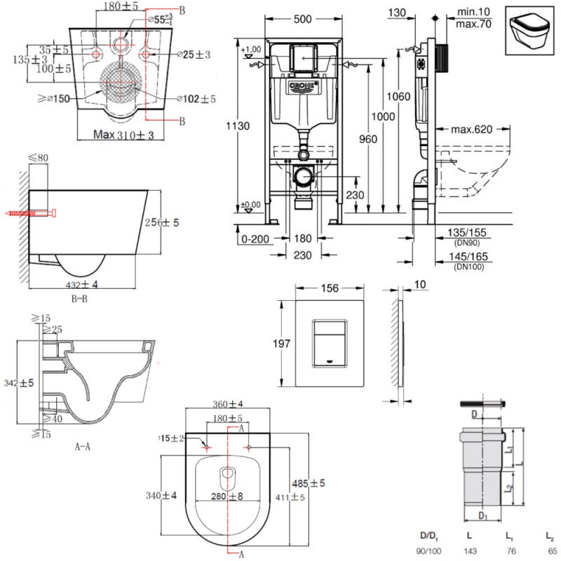 Grohe Pack WC Bâti-support + WC Swiss Aqua Technologies sans bride + Abattant softclose + Plaque (RapidSL-BlackSATrimless-KF0) - 5