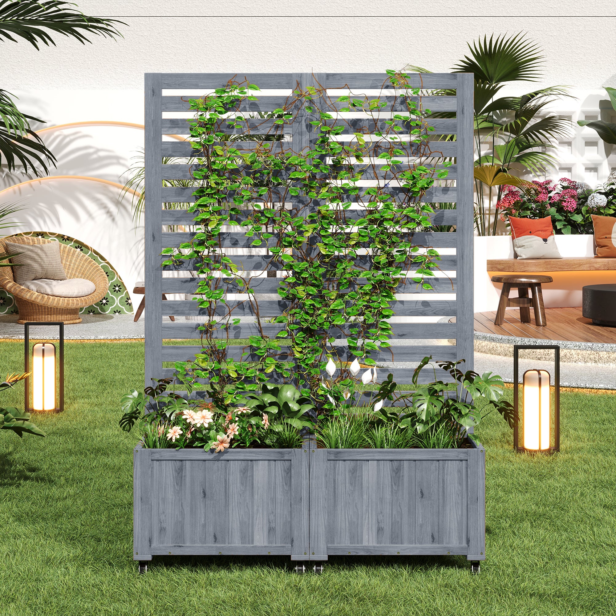 Zestaw 2 składanych donic z kratką i kółkami z litego drewna, skrzynka na kwiaty – 102,5 x 32 x 152,5 cm – szary