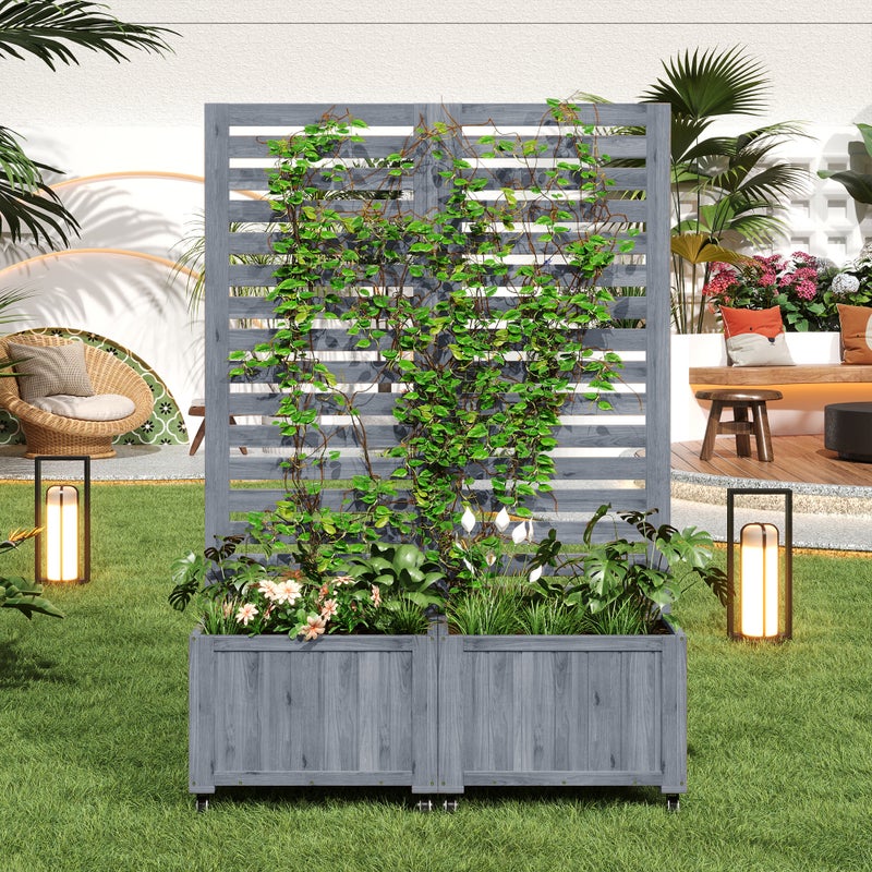 Zestaw 2 składanych donic z kratką i kółkami z litego drewna, skrzynka na kwiaty – 102,5 x 32 x 152,5 cm – szary