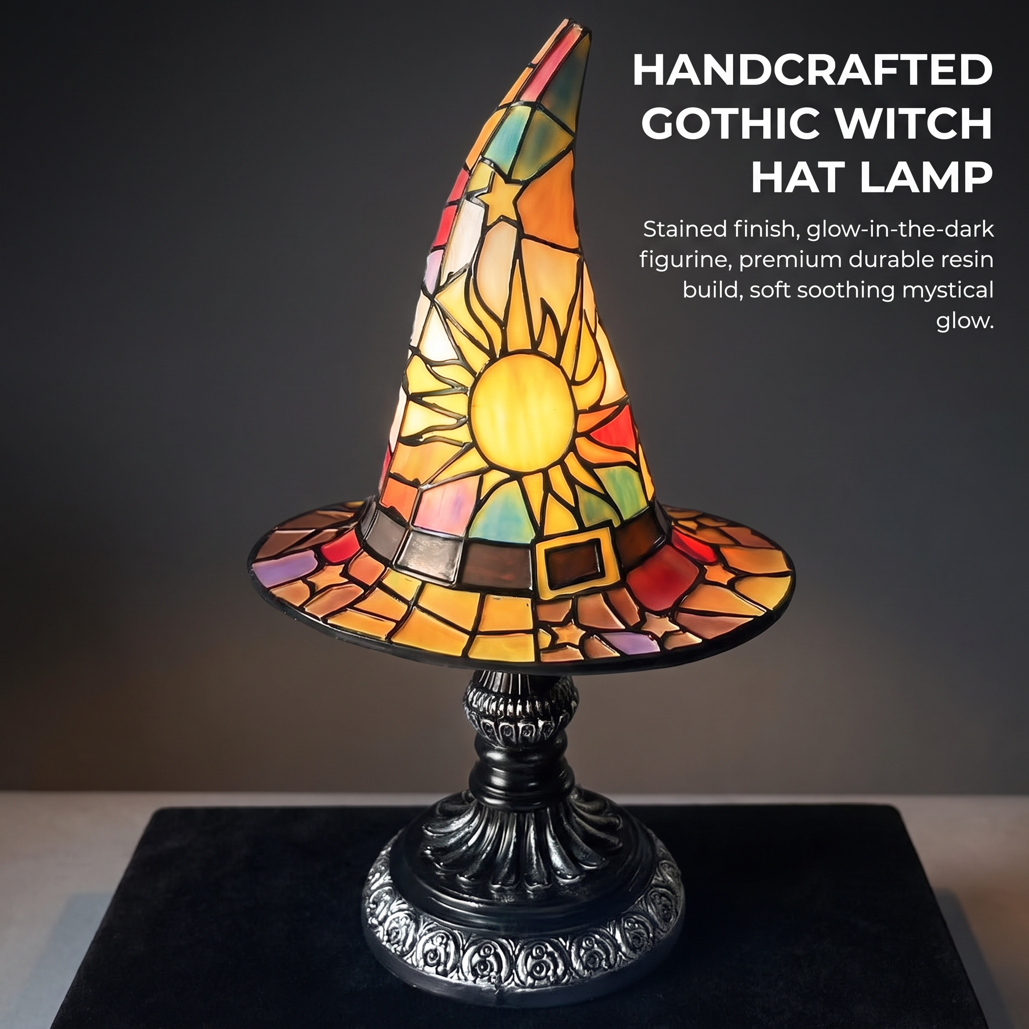 Décoration d'intérieur, lampe chapeau de sorcière avec prise USB, ornement décoratif en résine, grand format et coloré, 30 x 18 x 13 cm - 4