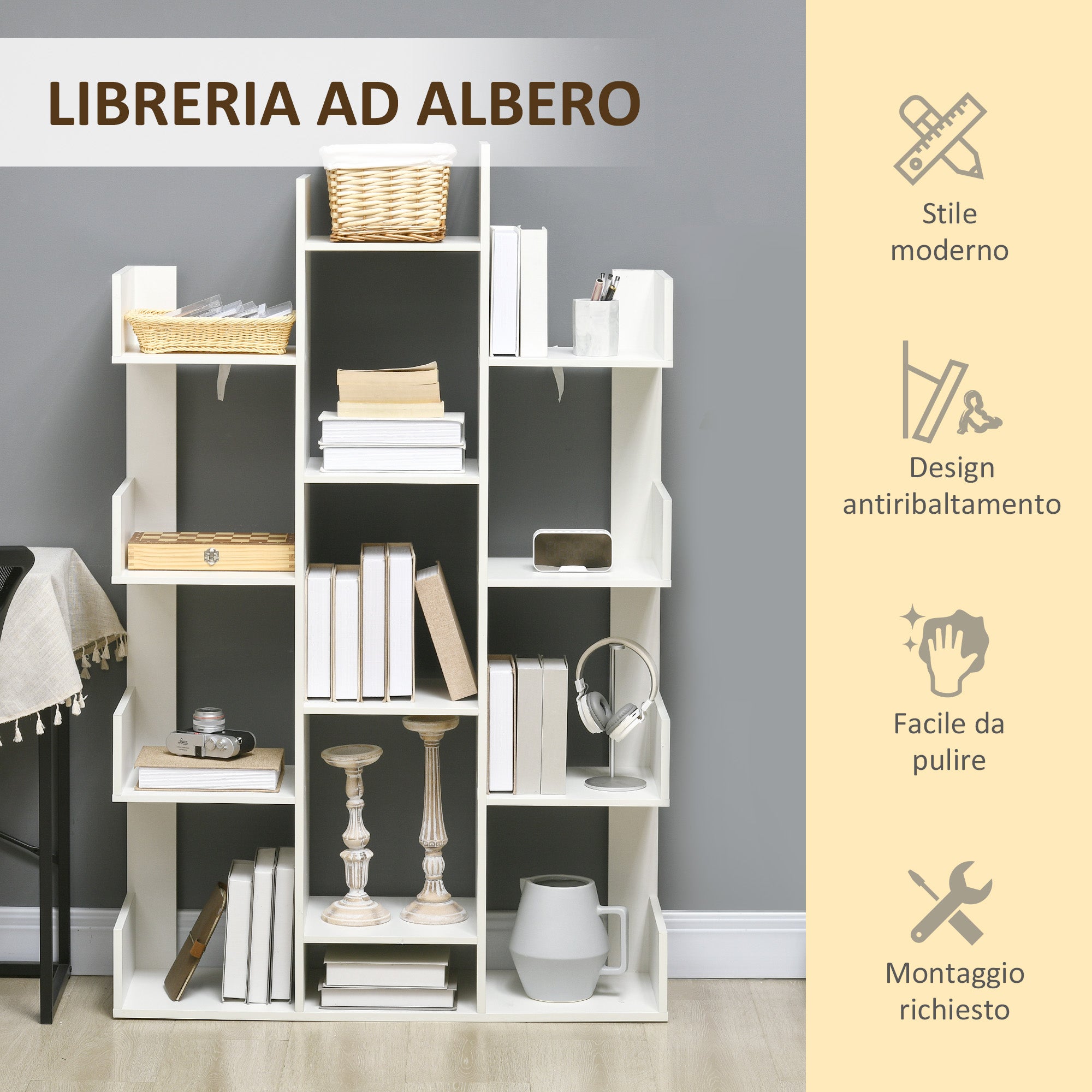 HOMCOM Mobile Libreria ad Albero con 13 Ripiani, Libreria Scaffale Moderna in Legno per Soggiorno, Studio, Ufficio, Bianco - 4