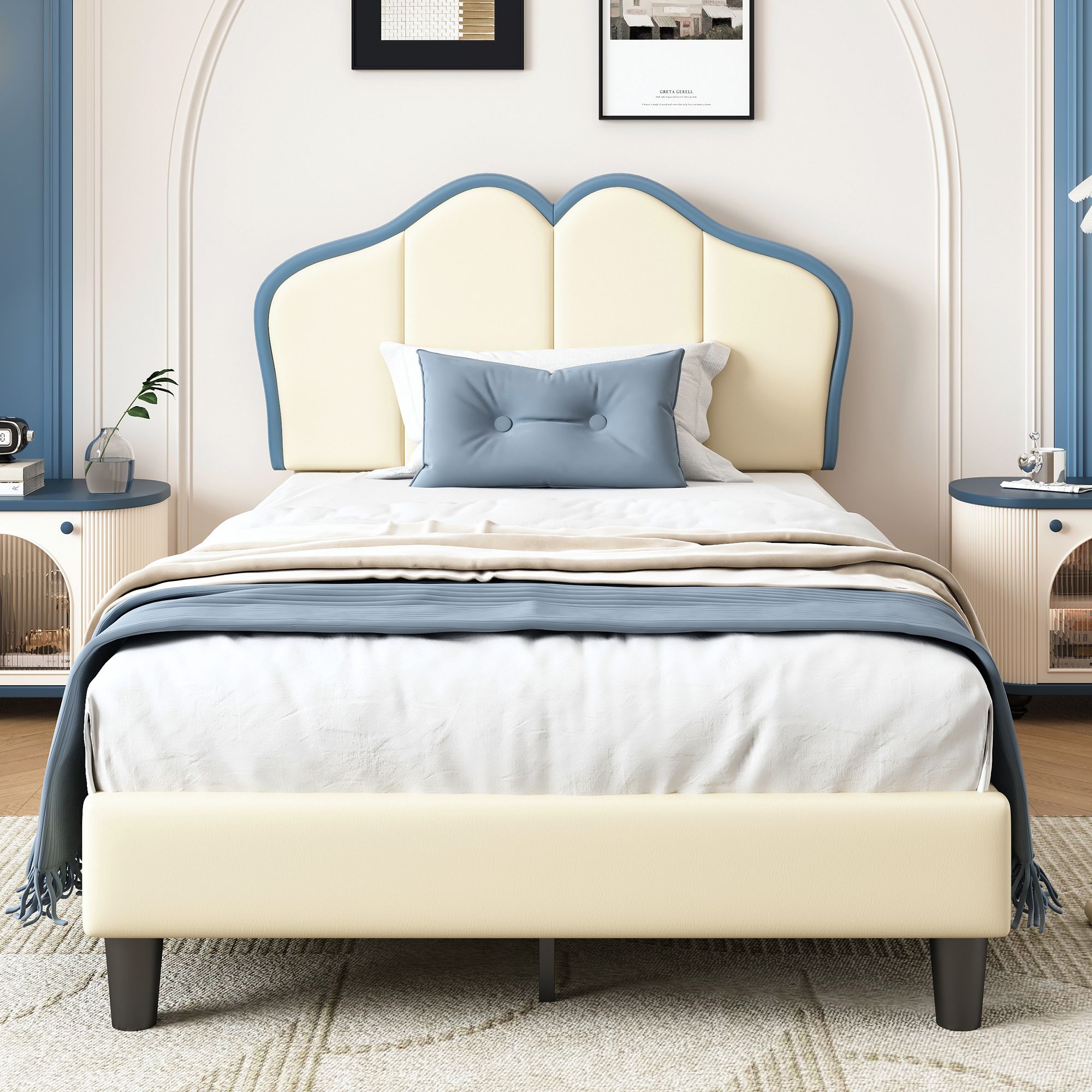 Letto Imbottito Dal Design Moderno Con Testiera Imbottita Letto Singolo Con Rete A Doghe 90x200 Cm In Lino Blu Semirigido Senza Materasso Okwish 86189244