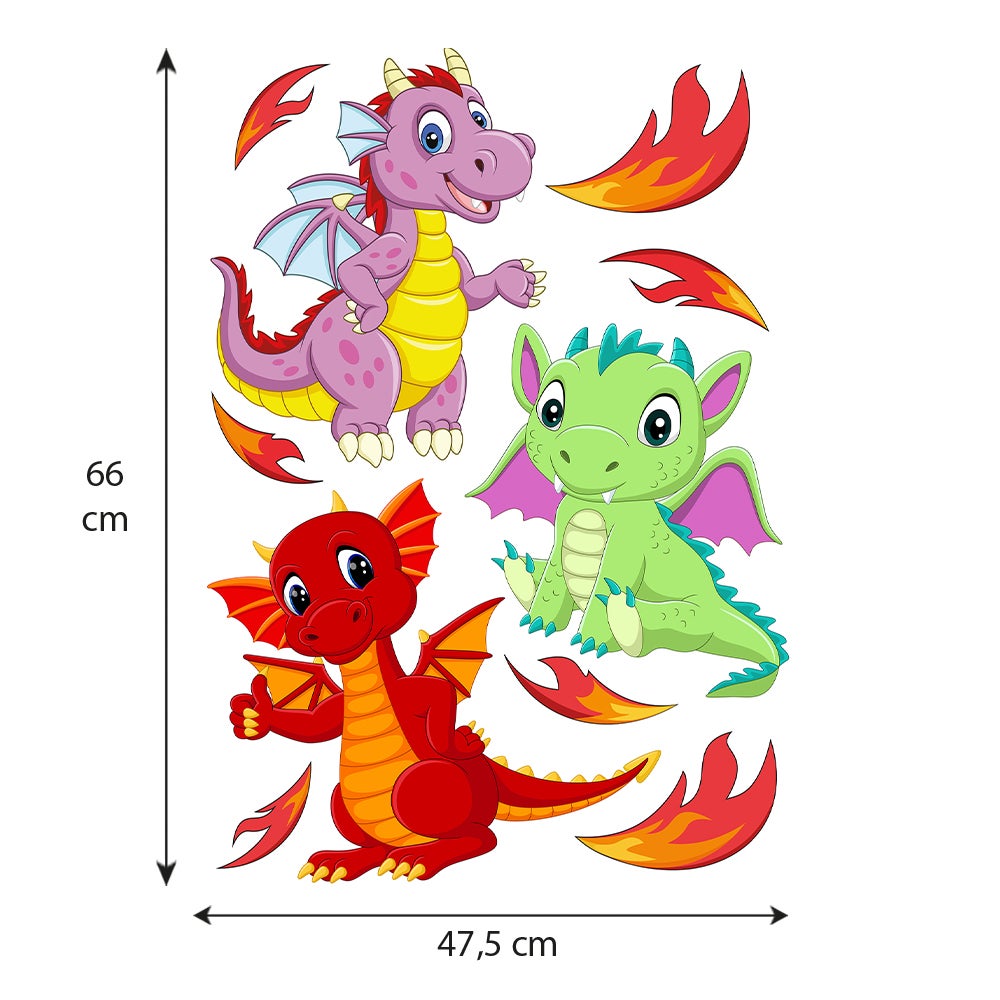 Sticker adesivi murali, draghi di bambini disegnati in stile cartone animato multicolore, 68 cm x 48 cm - 5