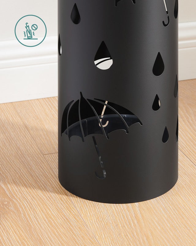 Porte-parapluie Design, Rond, en Métal, avec 4 Crochets, Bac de Récupération d'Eau Amovible, 17 x 41 cm (Ø x H), pour Entrée, Couloir, Noir - 5